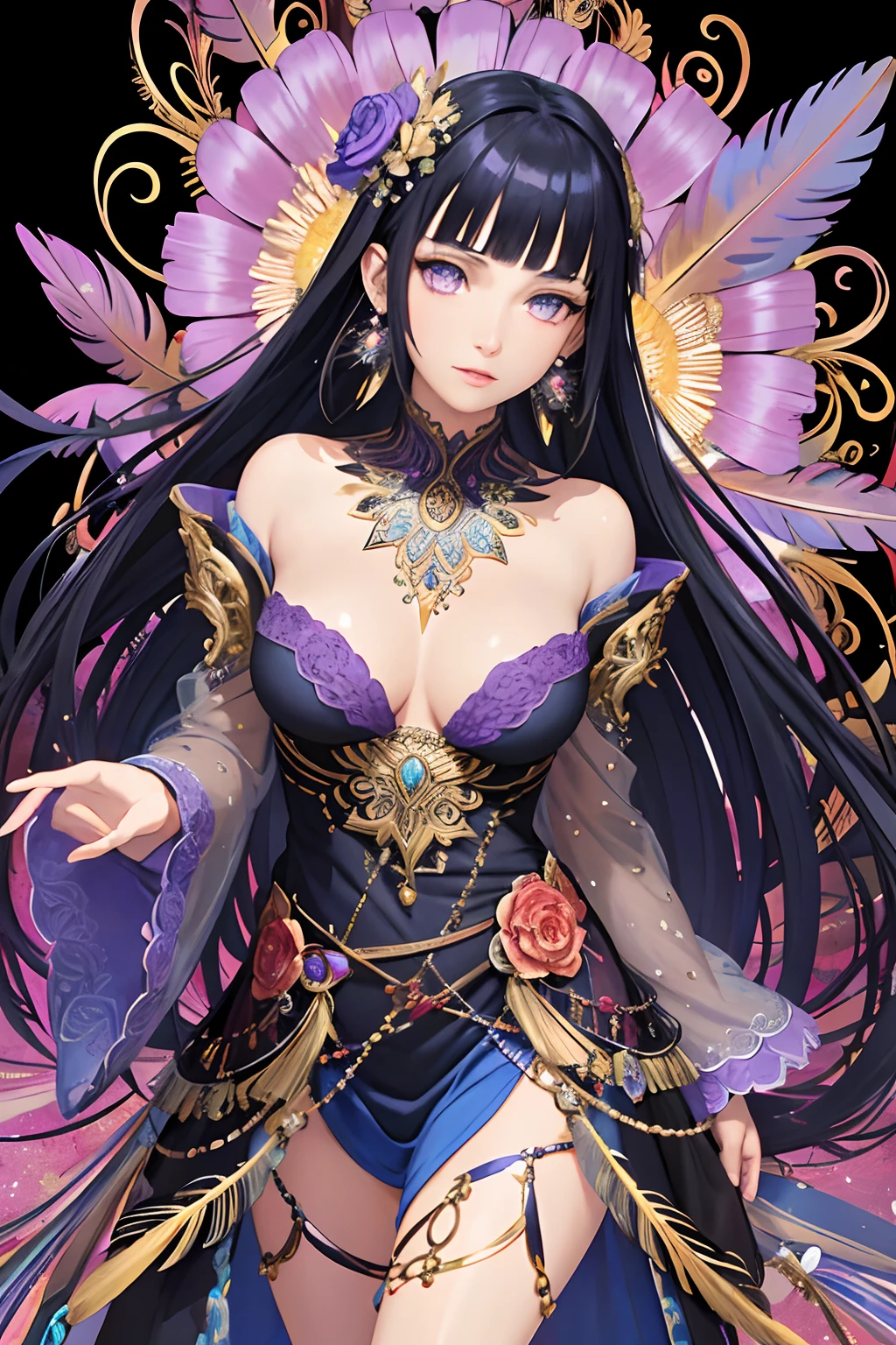 A girl, bare shoulders, colored feathers, metal ornaments, colored flowers, particles, light rays, (masterpiece, top quality, best quality, official art, beautiful and aesthetic:1.2), (1girl:1.3), extremely detailed,(fractal art:1.1),(colorful:1.1)(flowers:1.3),highest detailed,(zentangle:1.2), (dynamic pose), (abstract background:1.3), (shiny skin), (many colors :1.4), ,(earrings:1.4), (feathers:1.4),Blunt Bangs, purple eyes, long dark blue hair