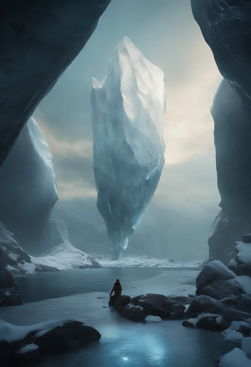 Cyberpunk, Mechanicalgirl, quebrado, There is an image of a very large iceberg, Cyberpunk, Mechanicalgirl, quebrado, com muita neve, fundo da masmorra, Fundo do icicle, fundo da arena, fundo do jogo, fundo escuro escuro da caverna,