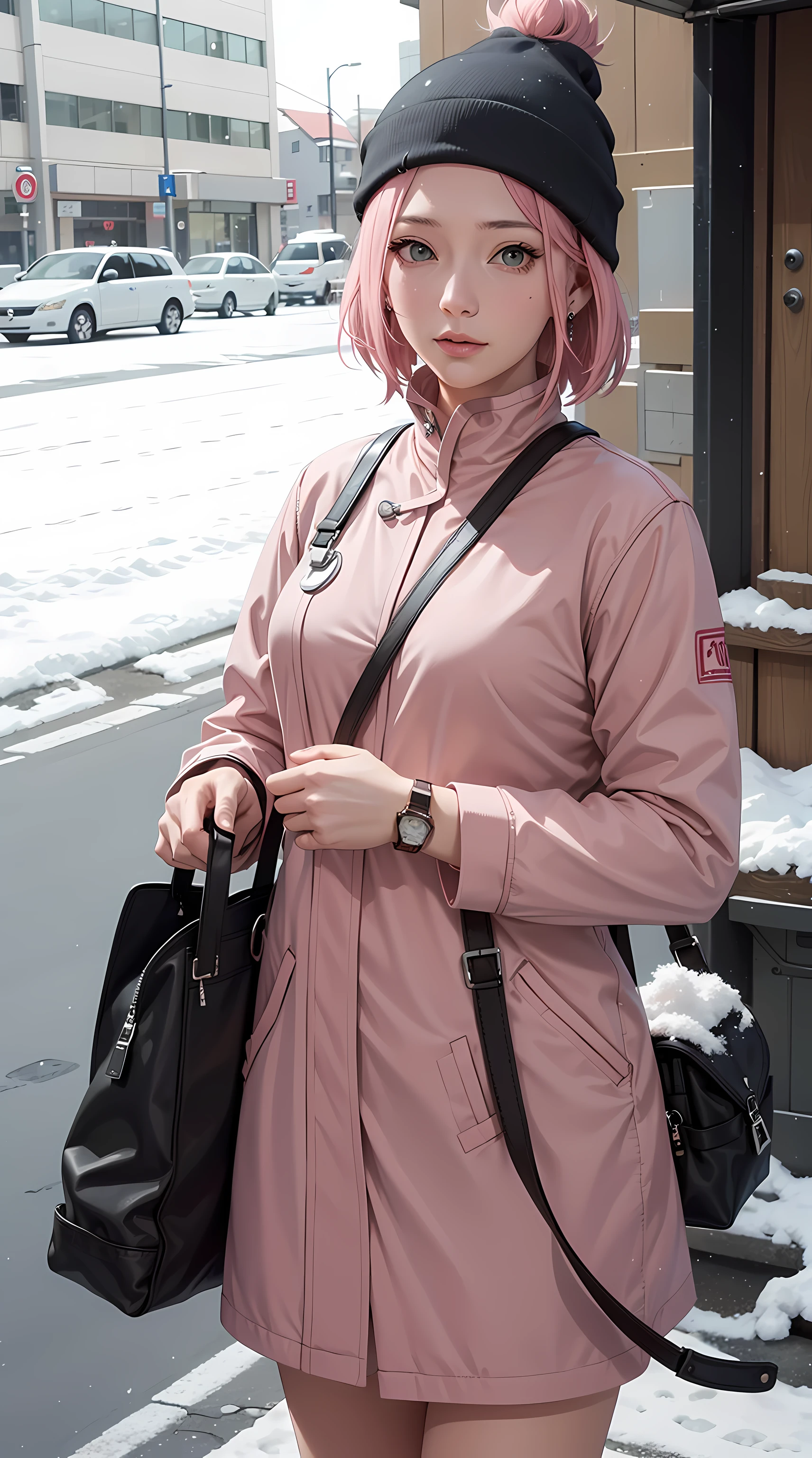 Haruno Sakura, forehead mark, Sakura from the anime Naruto, short hair, pink hair, beautiful, beautiful woman, perfect body, perfect breasts, wearing a beanie, wearing a winter jacket, wearing a duffle coat, carrying a bag, wearing a watch, wearing earrings earrings, in public, creatures in tokyo city, being on the street, snow on the street, it's snowing, looking at the viewer, a slight smile, realism, masterpiece, textured leather, super detail, high detail, high quality, best quality, 1080p, 16k