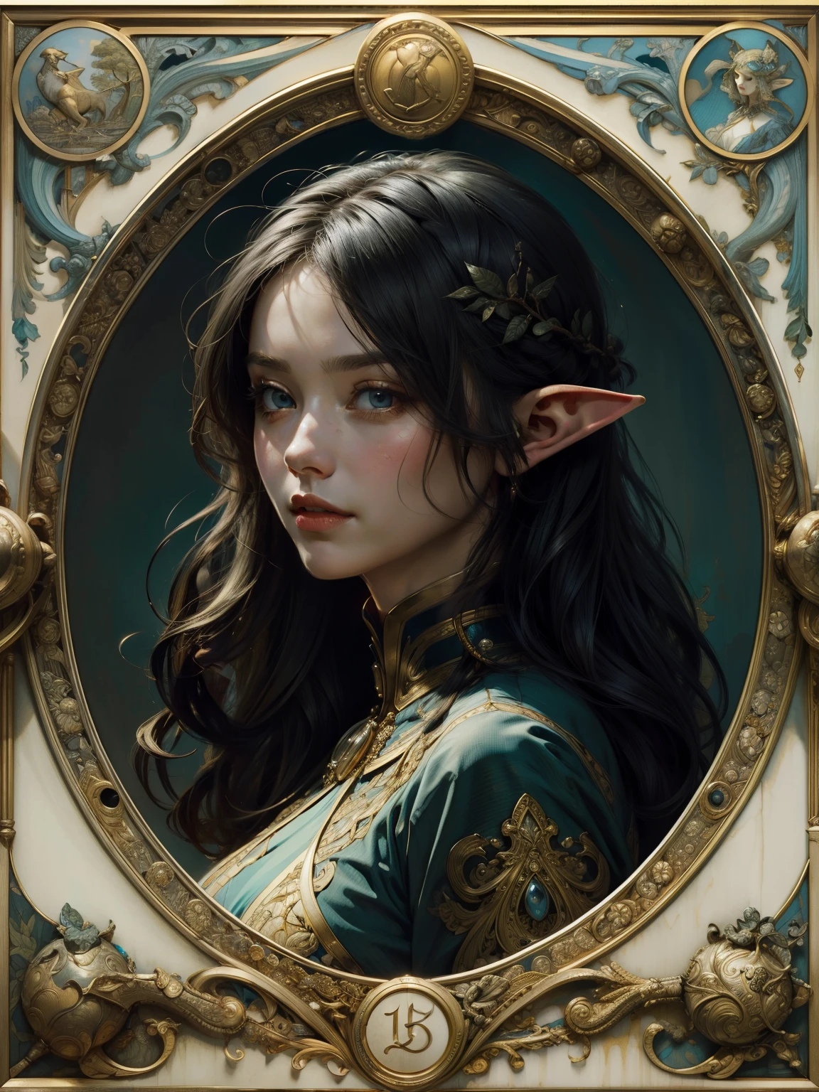 (Masterpiece, Best Quality, Highres:1.4 image of Elf woman), Detailed, Intricate Details, 4K, line art, Art Nouveau style, influence by John William Waterhouse and Alphons Mucha