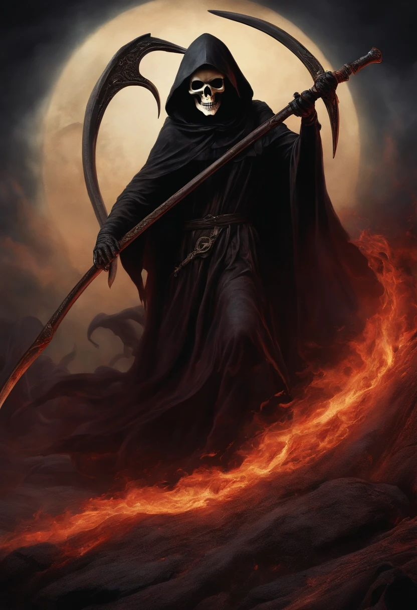 Depiction of a grim reaper wielding a scythe in hell