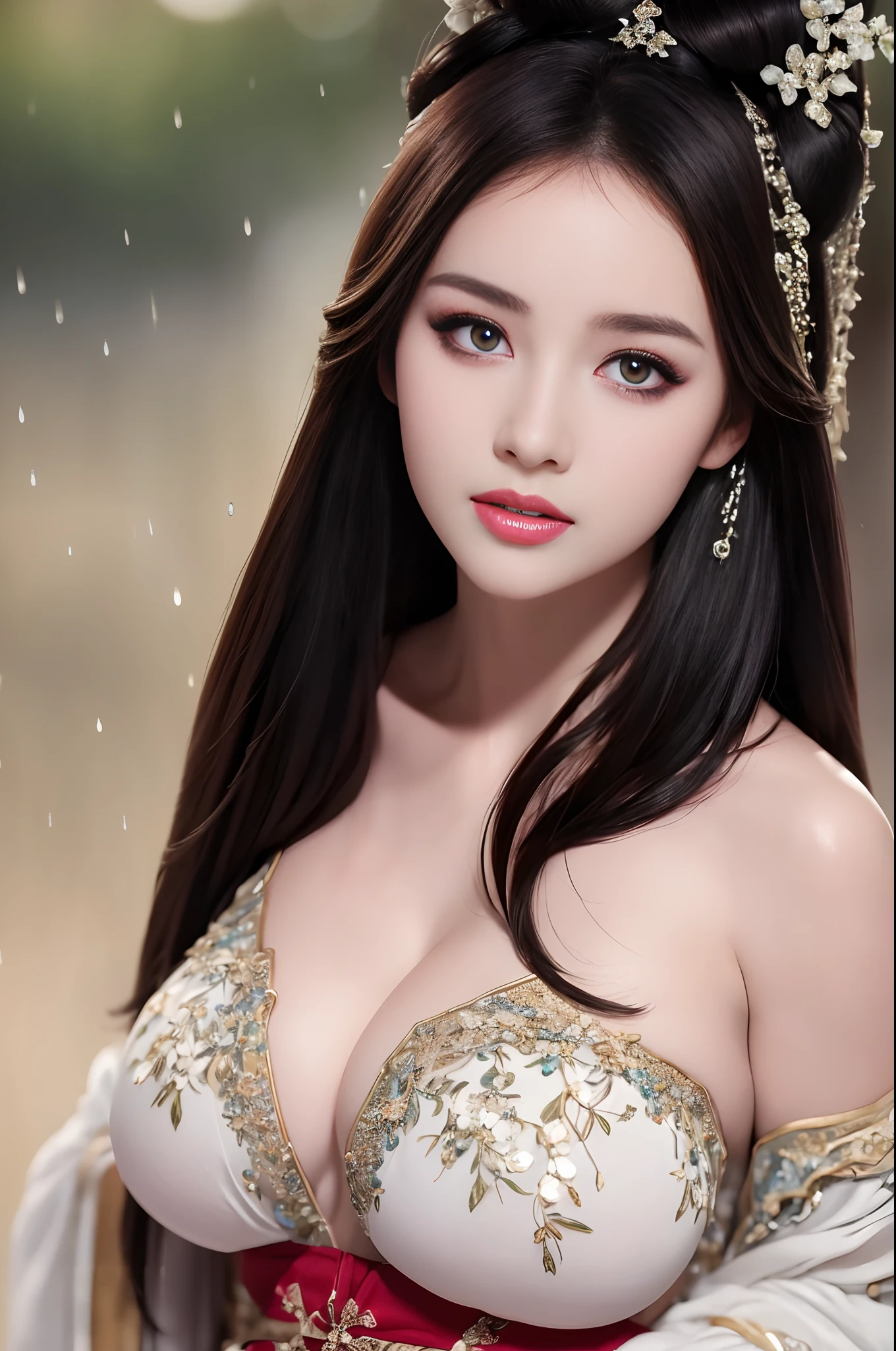 ((Best Quality, 8k, Masterpiece: 1.3)), Focus: 1.2, Perfect Body Beauty: 1.4, Buttocks: 1.2, ((Layered Haircut)), (Wet Clothes: 1.1), (Rain, Street:1.3), (Breasts: 1.2), (Hanfu: 1.2), Bare Shoulders, Bare Legs, Highly Detailed Face and Skin Texture, Fine Eyes, Double Eyelids, Whitened Skin, Long Hair, (Shut Up: 1.5), (Bokeh Background: 1.5), Big Breasts