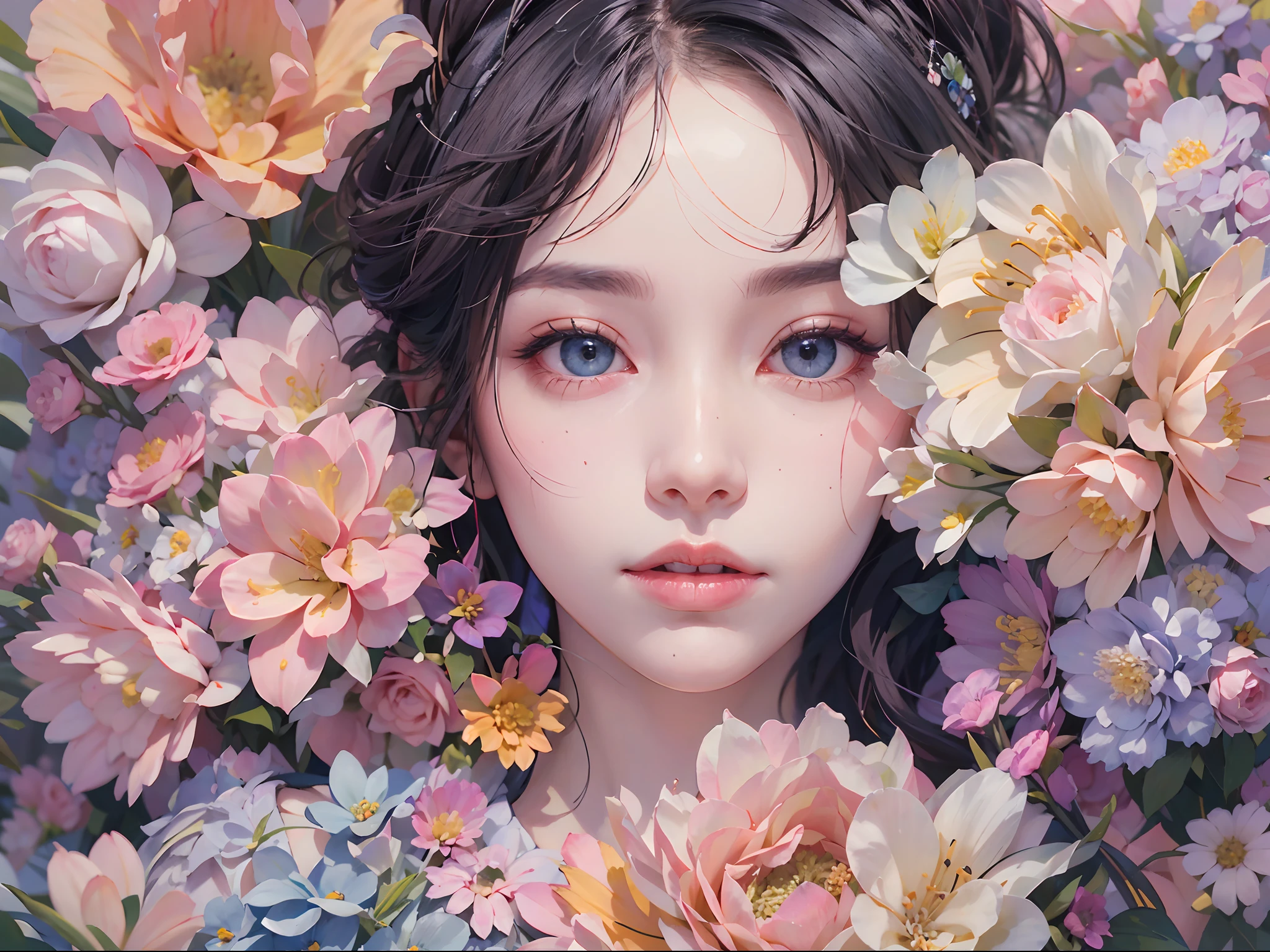 tmasterpiece,Highest high resolution,((ruit)),a paradise,Colorful sunlight,((Wearing a huge flower crown、jewely,diamond)),Purple clear eyes,(((Beautiful and delicate floral craftsmanship, Crystal jewelry filigree))),Ultra-detailed details,upscaled,The earth rises。