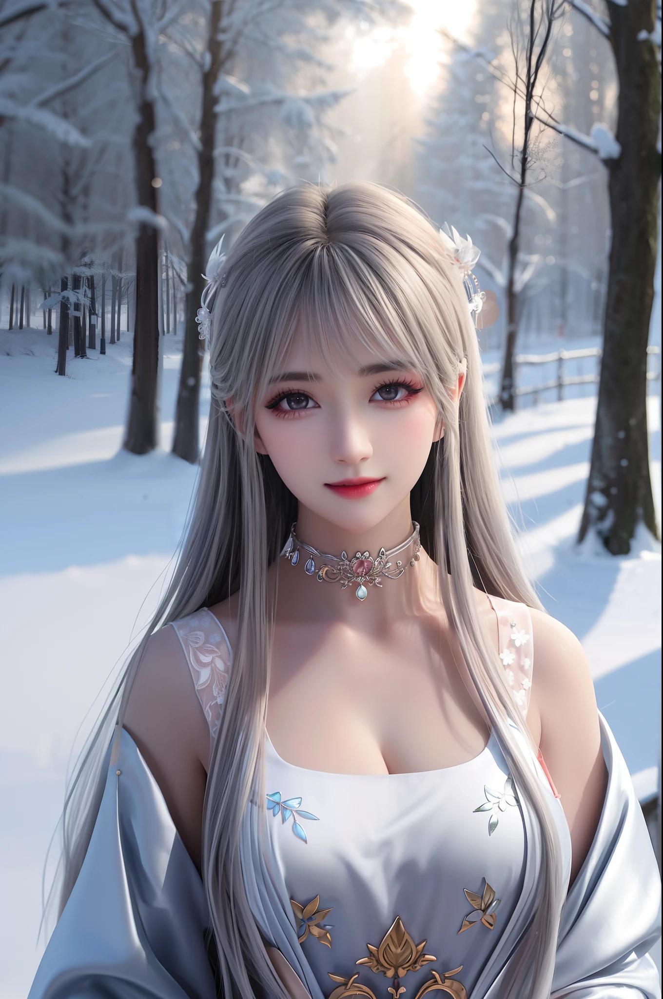 best qualityer,8K, tmasterpiece, A high resolution, 1girll, Clear silk porcelain dress, Fur coat, hair adornments, ssmile, Keep one's mouth shut, cparted lips,Large breasts,Shoulder, shift dresses, hair adornments, choker necklace, jewely, Chinese outfit, long whitr hair, 耳Nipple Ring, Detailed beautiful eyes, detailed eyelashes, beautiful face,after sexing_Body, Tyndall effect,realisticlying, edge lit, twotonelighting,(highdetailskin:1.2), 8K, Ultra HD, digital SLR camera, gentle illumination, high high quality, Volumetriclighting, Frankness, photore, A high resolution, Bokeh, at a forest, Falling snow, Winters, in the afternoon