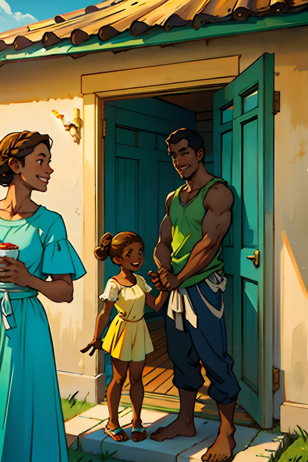 A happy dark skinned family, standing in front of a house, making friendly welcoming gestures, arms opened, hands waving, background a house, in summer, daytime light, mood is nurturing, nourishing, character design.