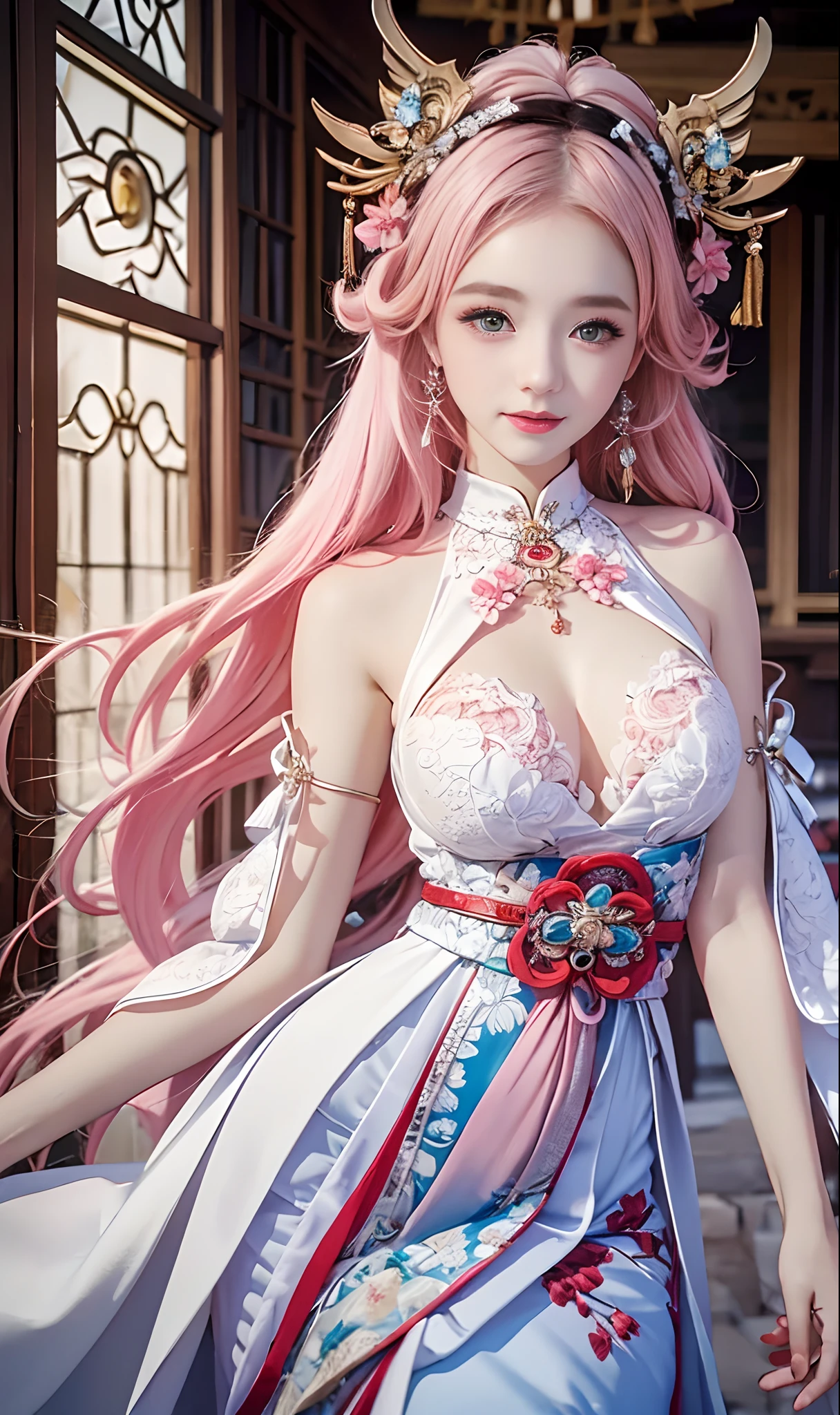 (optimum，tmasterpiece，High picture quality)，There was a girl in a white dress, clubs，red fox，oriental architecture ray tracing，best qualtiy，light particules，Extremely detailed 8k wallpaper，Sexy beauty，mature，Super detailed eyes，busty figure，(Pink hair，Yae Miko，the original god)，sleek legs，intricately details，Cold white skin，（Carefully portray blush），Messy beauty，The skin is shiny and silky，beautidful eyes，An extremely delicate and beautiful girl，full bodyesbian