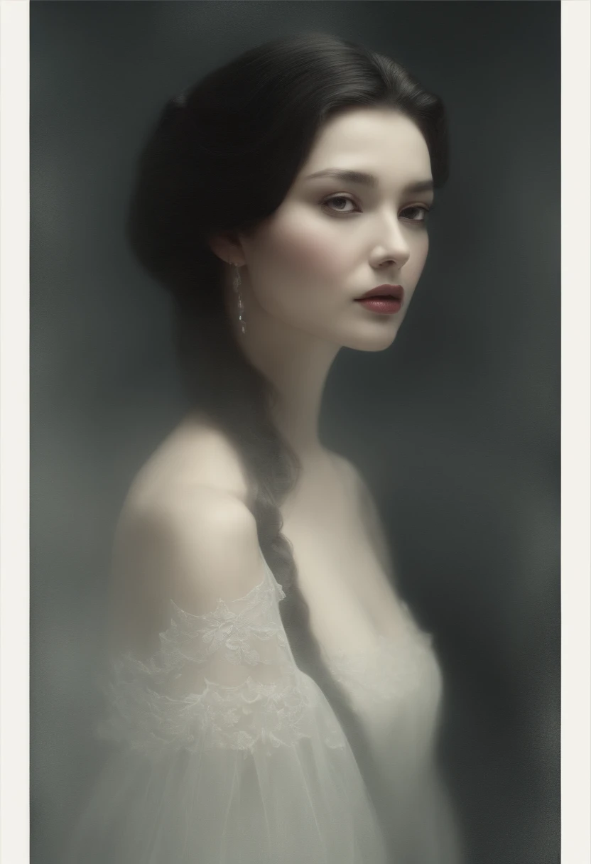 ((Sharp-eyed woman)), ((Works by Agnes Cecil : 1.7)), Black hair, Foggy, (from the rear:1.4), Dutch Angle, (Dynamic movement:1.9), negative space, minimalism, (delicate illustration : 2.0), masuter piece, awardwinning, Cinematic scene, Evil Research、Dark Spirits and Rituals、 Enchanted World、Vampire Princess、Old and lonely rococo clothes, Challenging, Portrait of an Eastern European woman, Traditional beauty, portrait shot, long braided hairstyle, Beautiful pictures, dynamic compositions、 The background is decadent, Gothic, Strength and brilliance、solitude、light and shadows、Enchanted World、Beautiful fece、Vampire Princess、Surrounded by a large hall made of pottery and skeletons、Rays from Heaven、strong contrasts、Foggy space、Mystery and horror、Heralding the end of an evil night、