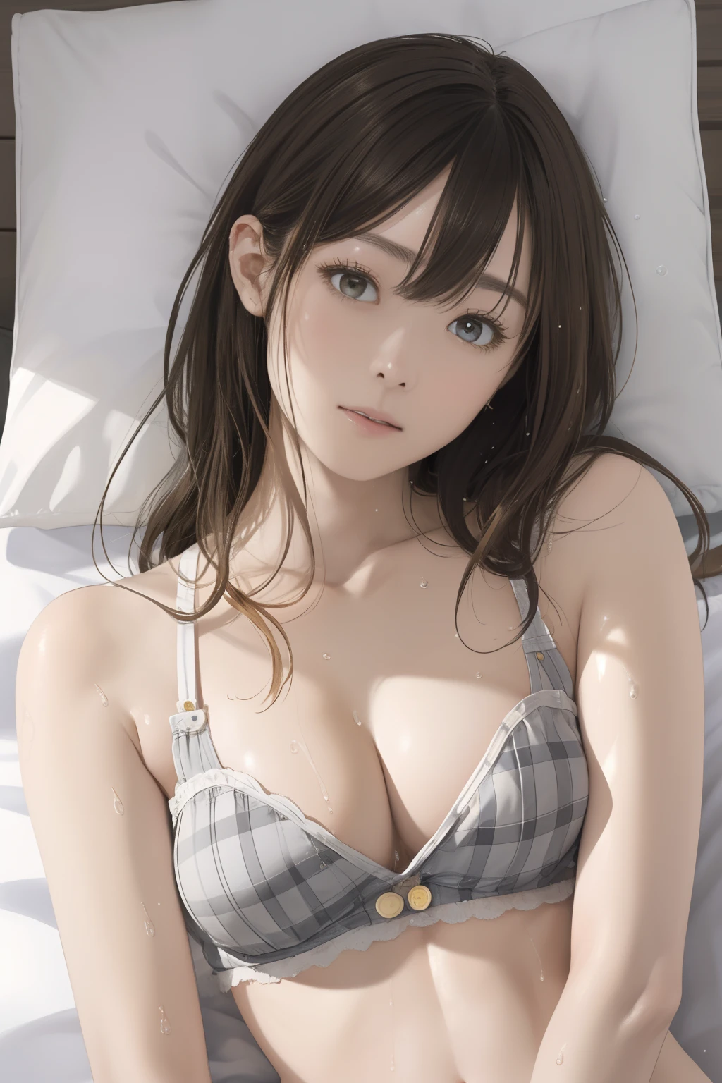 The upper part of the body、an oil painting、masterpiece、top-quality、hight resolution、Yellow medium hair、Sleeping in bed、Naughty look、White and grey plaid bra、Button is disconnected、White and gray plaid panties、Bending legs、Female face、Hot face、A slightly troubled look、sweat-wet skin