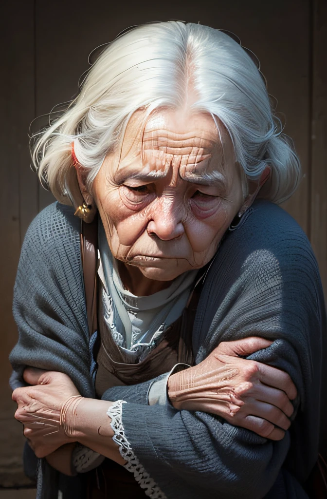 "An image that captures the expression of sadness and dejection on the face of an elderly woman. Convey the sense that she carries the weight of many difficult life experiences, showing the depth of her emotions."