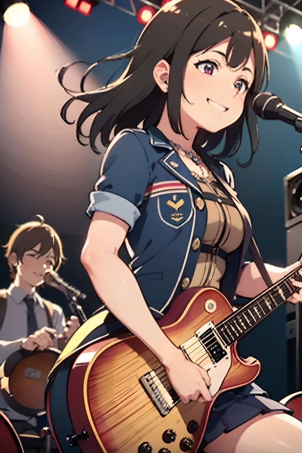 detailed reflecting eyes by professional digital painting, realistic,front lighting, 8k resolution, (girls' band:1.4), (dynamic angle), upper body, black guitar, amplifier, speaker, live stage, smile, Live festival, school, Shining Lighting