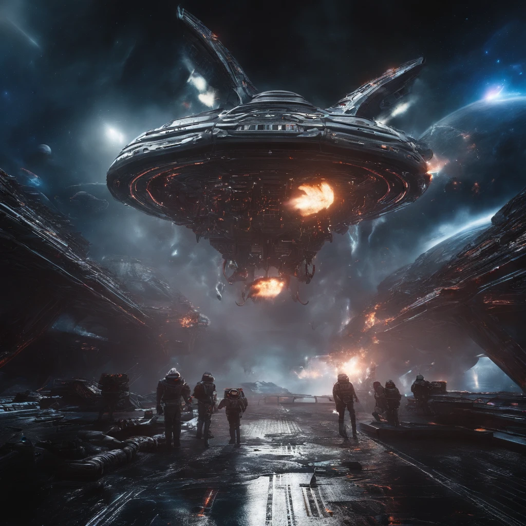 Movie space battle scene, Huge spaceship,Destruction and volumetric lighting,Very detailed.)