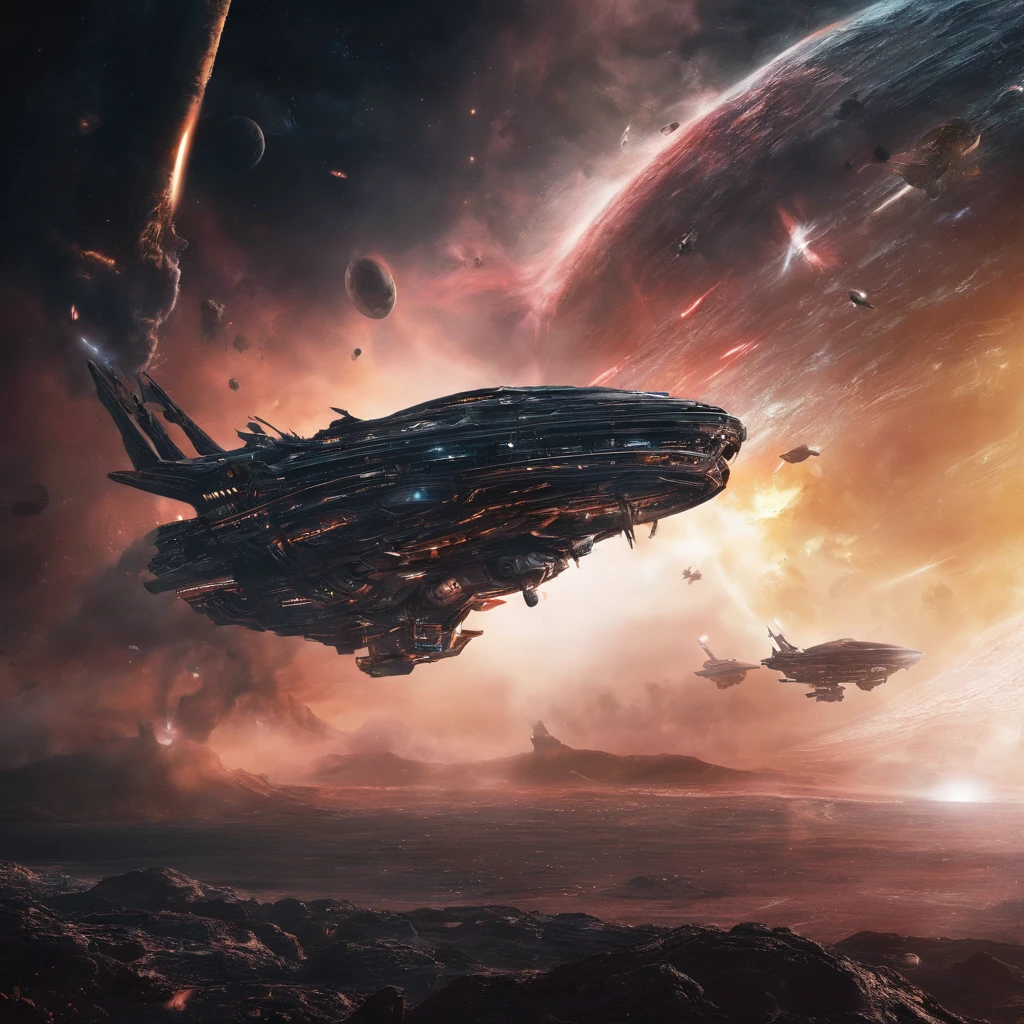 Movie space battle scene, Huge spaceships are attacked,Destruction and volumetric lighting,Very detailed.)