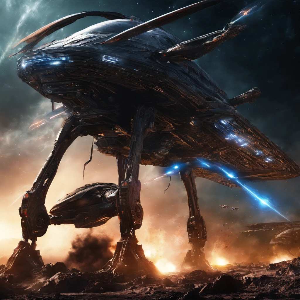 Movie space battle scene, Huge spaceships are attacked,Destruction and volumetric lighting,Very detailed.)
