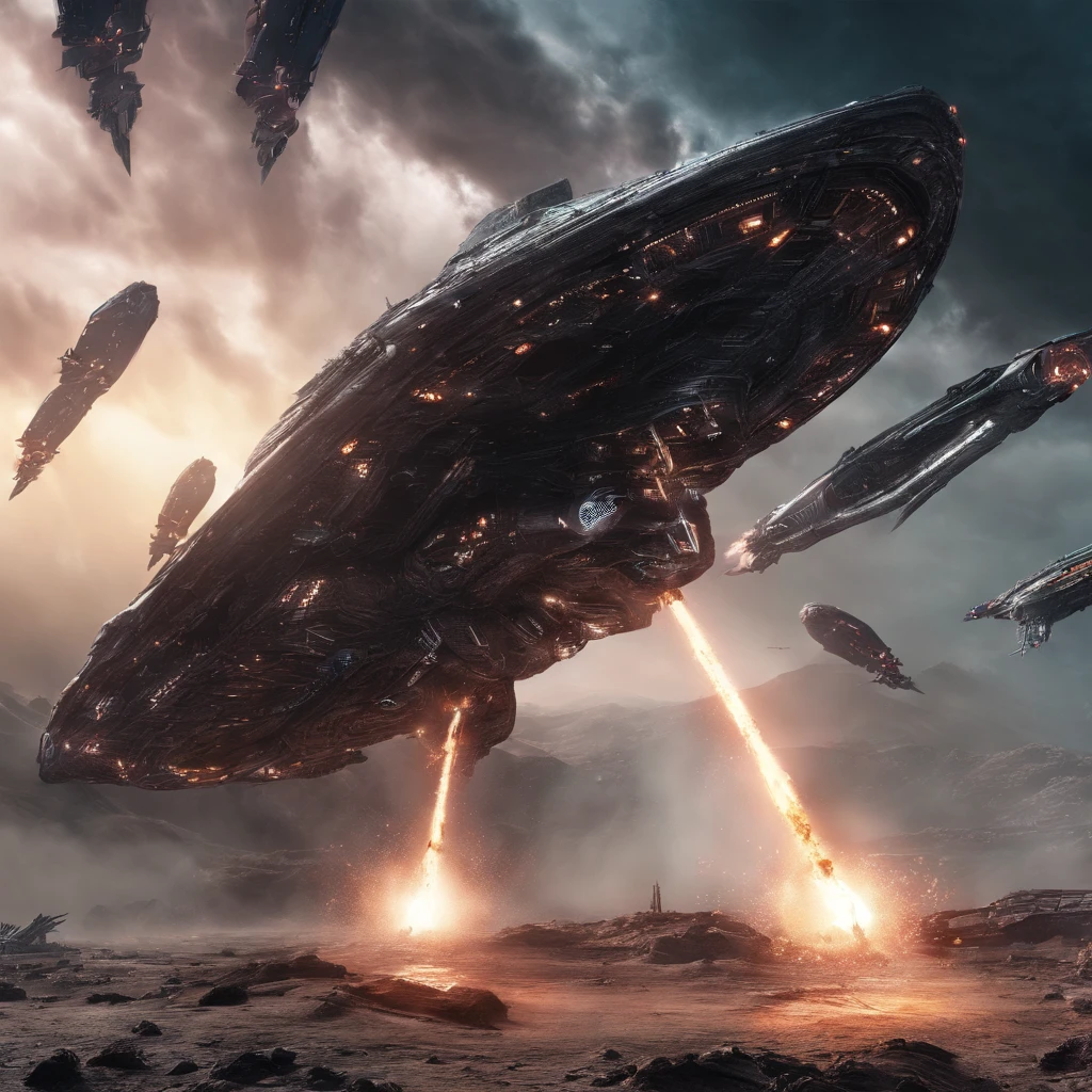 Movie space battle scene， Huge spaceships are attacked,Destruction and volumetric lighting,Very detailed.)