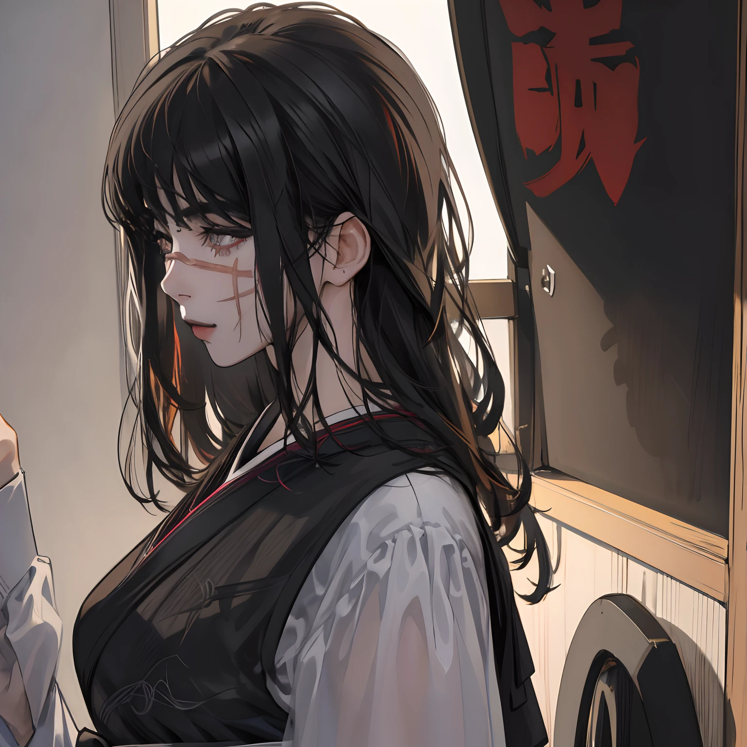 (masuter piece,Best Quality,Ultra-detailed),1girl in,A dark-haired,Yoru's New Year,Detailed black kimono, portlate