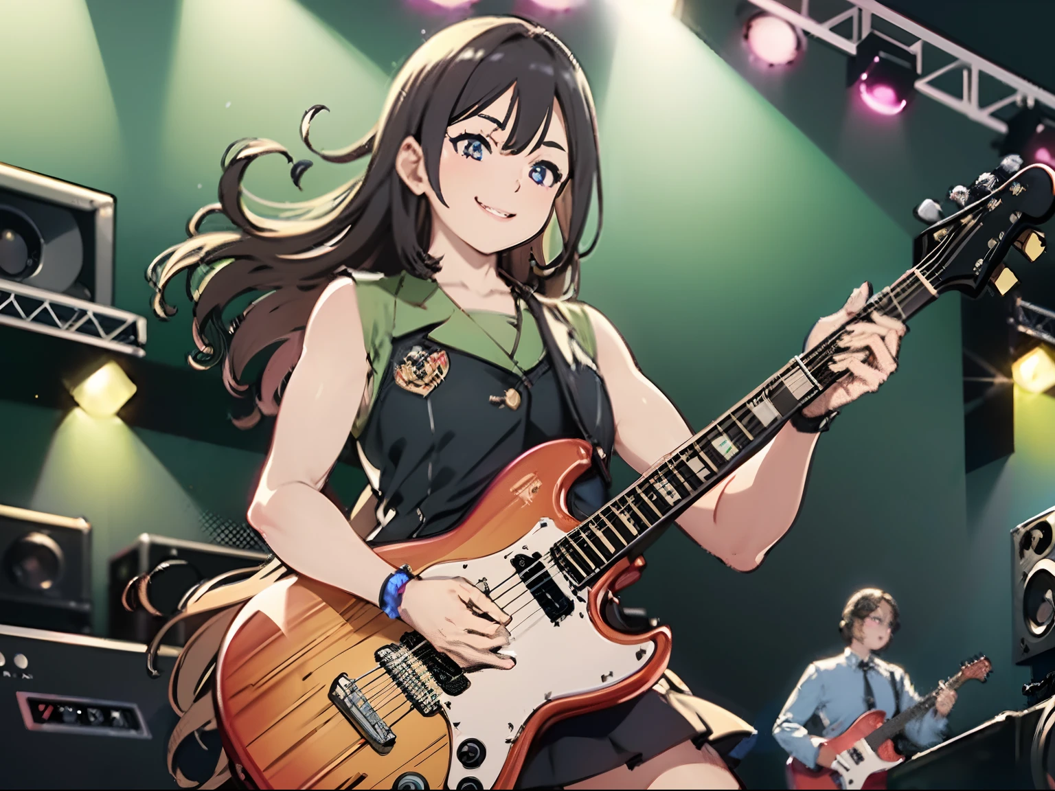 detailed reflecting eyes by professional digital painting, realistic,front lighting, 8k resolution, (girls' band:1.4), (dynamic angle), upper body, black guitar, amplifier, speaker, live stage, smile, Live festival, school, Shining Lighting