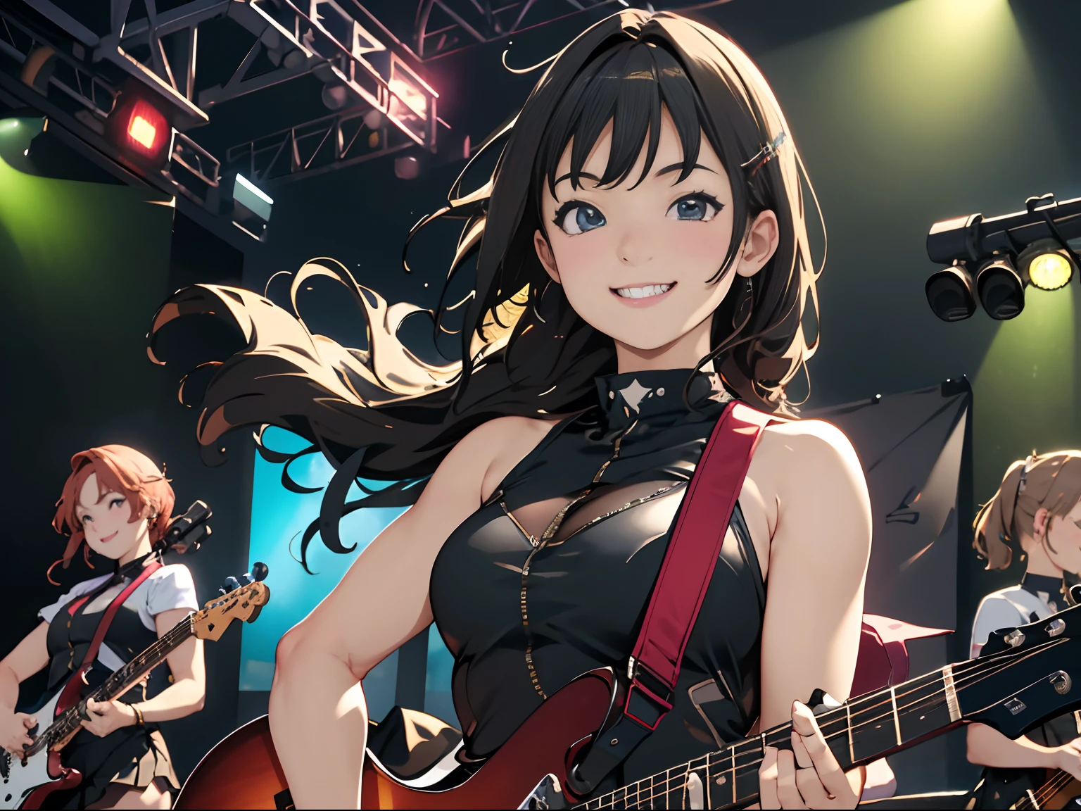 detailed reflecting eyes by professional digital painting, realistic,front lighting, 8k resolution, (girls' band:1.4), (dynamic angle), upper body, black guitar, amplifier, speaker, live stage, smile, Live festival, school, Shining Lighting