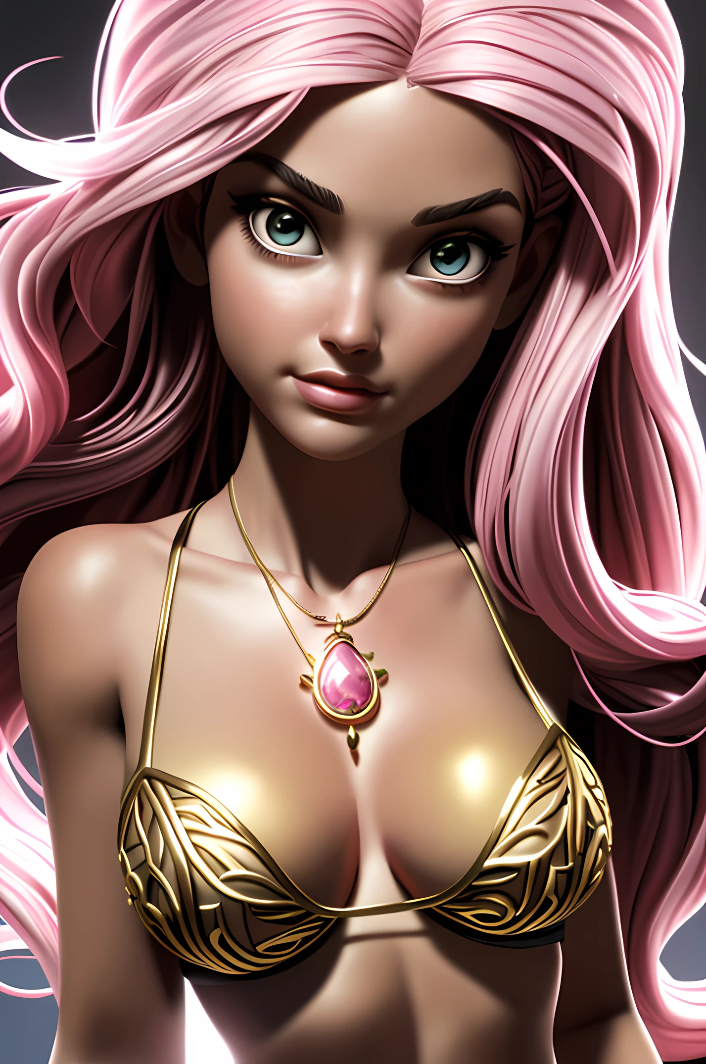 a woman has on a black and white bra with an ornate gold pendant and necklace on it, breasts, 1girl, solo, breast focus, close-up, jewelry, cleavage, large breasts, head out of frame, necklace, Best quality female, very long curly pink volumetric hair, gorgeous face, beautiful eye, slim body, perfect anatomy, cinematic perfect light, intricate details