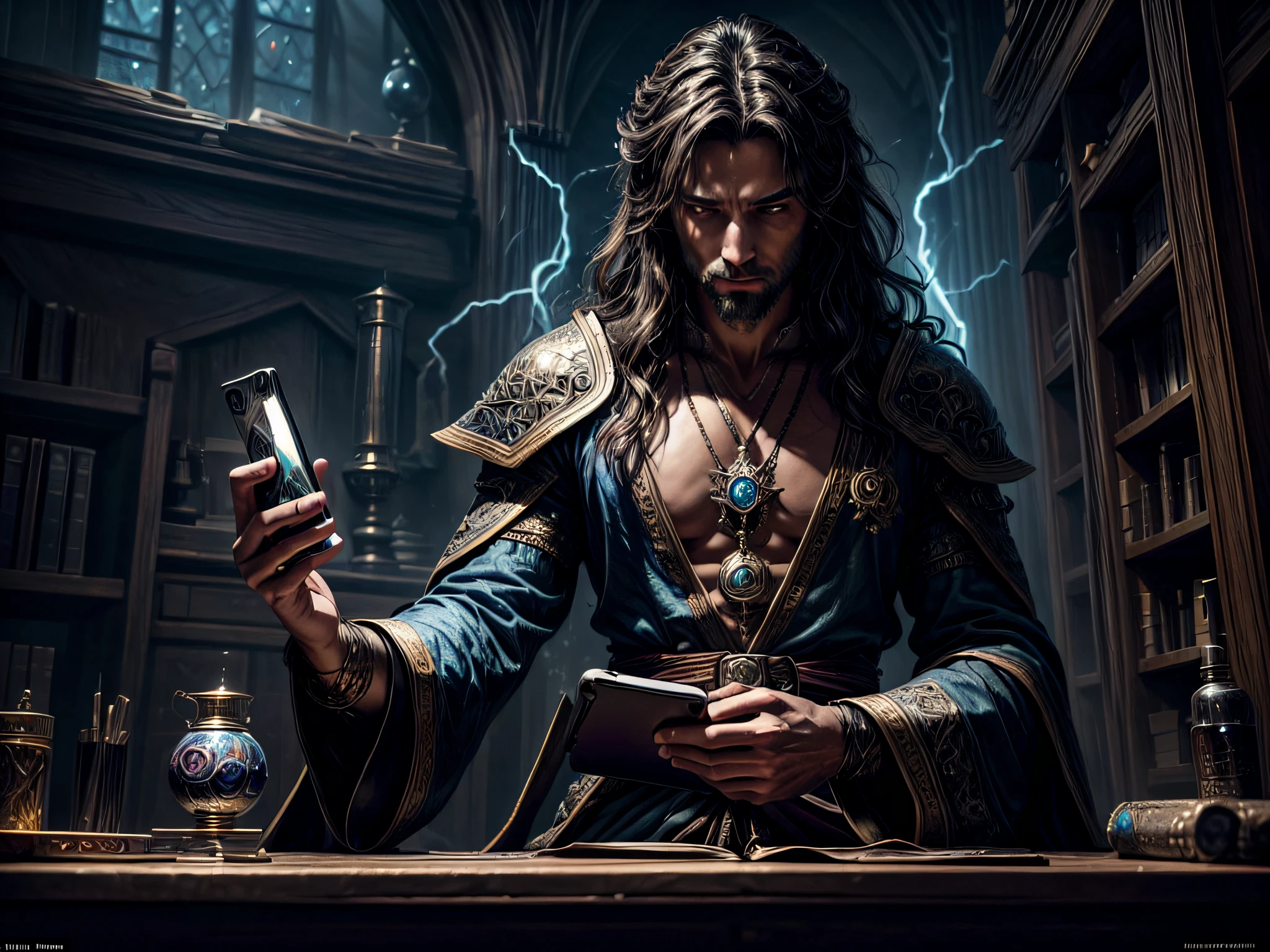 high details, best quality, 8k, [ultra detailed], masterpiece, best quality, (extremely detailed), dynamic angle, ultra wide shot, photorealistic, RAW, fantasy art, dnd art, fantasy art, realistic art, a wide angle picture of a wizard looking into his try this (smartphone:1.5), Masterpiece, best quality: 1.6)  blue magical energy from the cell phone V0id3nergy  (intense details, Masterpiece, best quality: 1.5)  there is a crystal ball on the table,  human male wizard, fantasy wizard (intense details, Masterpiece, best quality), D&D wizard, young human male (intense details, Masterpiece, best quality), [[anatomically correct]], dynamic hair, dynamic eyes, wearing magical robe (intense details, Masterpiece, best quality: 1.3), dynamic colors, ultra detailed face (intense details, Masterpiece, best quality: 1.3), in his laboratory (intense details, Masterpiece, best quality: 1.5), many magical tomes, magical library (intense details, Masterpiece, best quality: 1.5), many magical vials, ultra wide angle from a medium distance