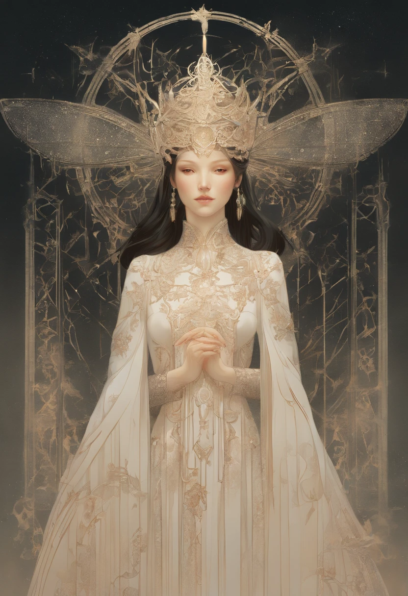 ((Sharp-eyed woman)), ((Works by Agnes Cecil : 1.7)), Black hair, Foggy, (from the rear:1.4), Dutch Angle, (Dynamic movement:1.9), Vampire Princess、Old and lonely rococo clothes,  Challenging,Traditional beauty, long braided hairstyle, Beautiful pictures,　dynamic compositions、 The background is decadent, solitude、Beautiful fece、Vampire Princess、Surrounded by a large hall made of pottery and skeletons、Rays from Heaven、strong contrasts、Foggy space、Mystery and horror、negative space, minimalism, (delicate illustration : 2.0), masuter piece, awardwinning, Cinematic scene, Evil Research、Dark Spirits and Rituals、 Enchanted World、