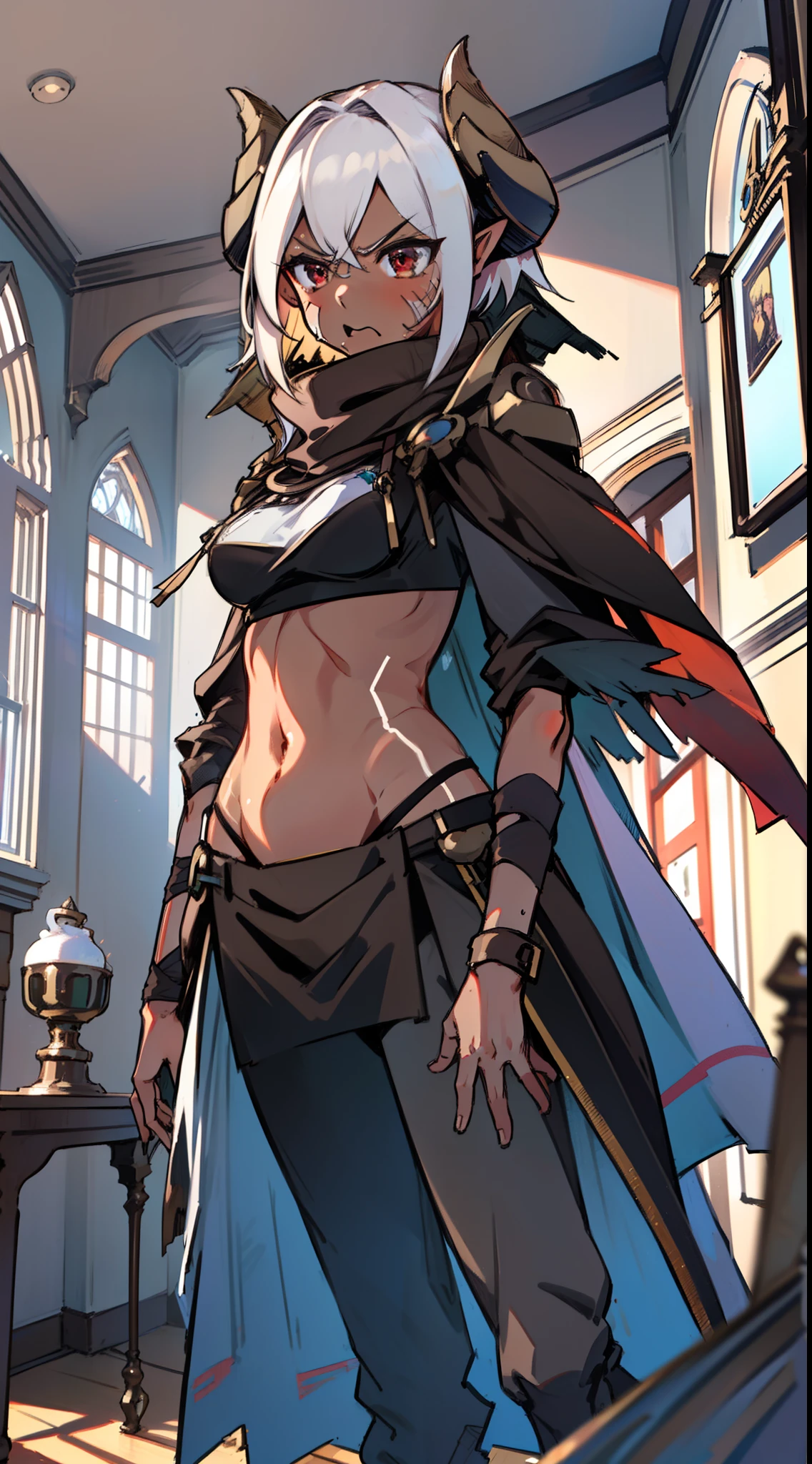 1girl 20 years,solo,((angry)),(((brown skin))),black and golden short armor,medium tits,white hair,short hair,red eyes,elves ears,black horns,black pantyhose,waist cape,yellow two-tailed scarf,Detailed,(((standing in front of a room inside a castle))),hd,masterpiece,8k