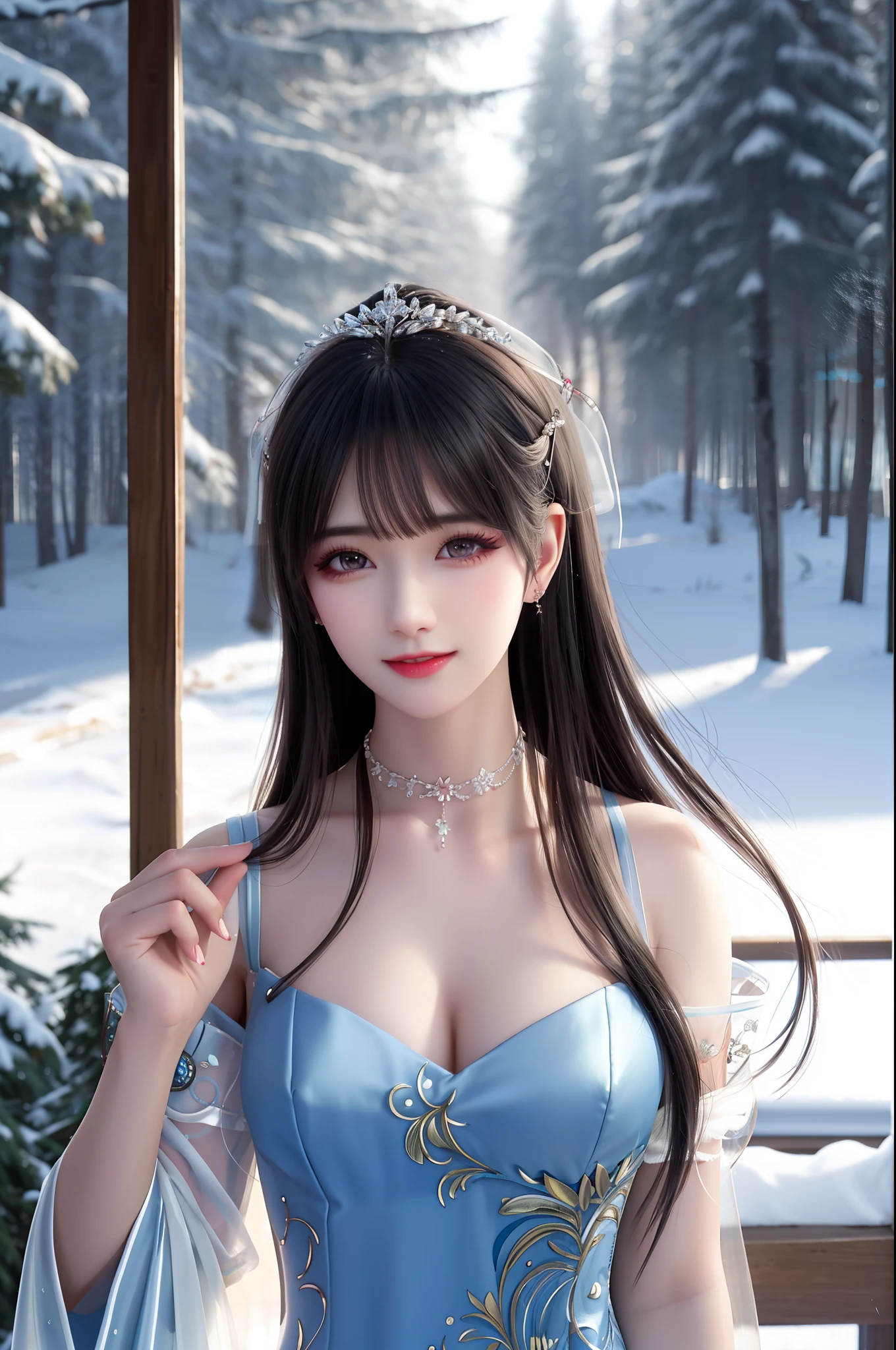 best qualityer,8K, tmasterpiece, A high resolution, 1girll, Clear silk porcelain dress, Fur coat, hair adornments, ssmile, Keep one's mouth shut, cparted lips,Large breasts,Shoulder, shift dresses, hair adornments, choker necklace, jewely, Chinese outfit, long whitr hair, 耳Nipple Ring, Detailed beautiful eyes, detailed eyelashes, beautiful face,after sexing_Body, Tyndall effect,realisticlying, edge lit, twotonelighting,(highdetailskin:1.2), 8K, Ultra HD, digital SLR camera, gentle illumination, high high quality, Volumetriclighting, Frankness, photore, A high resolution, Bokeh, at a forest, Falling snow, Winters, in the afternoon
