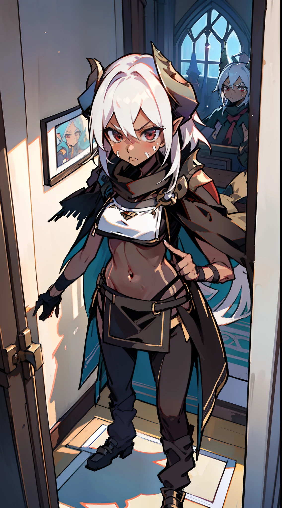 1girl 20 years,solo,((angry)),(((brown skin))),black and golden short armor,medium tits,white hair,short hair,red eyes,elves ears,black horns,black pantyhose,waist cape,yellow two-tailed scarf,Detailed,(((standing in front of a room inside a castle))),hd,masterpiece,8k