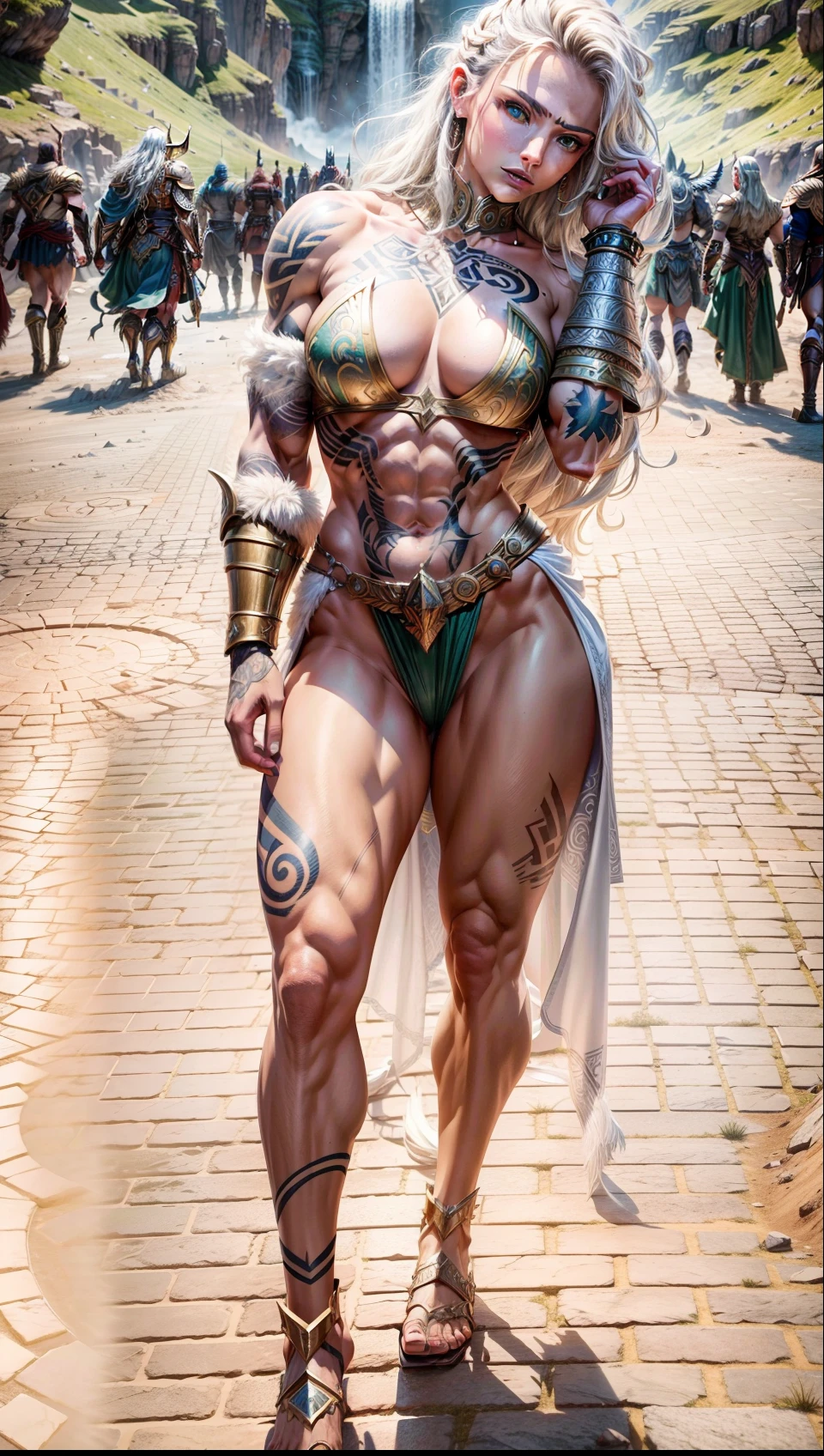 Asgard,valkyrie,Senhora Cavaleiro,Anatomia correta,epic fantasy digital art,tmasterpiece,8k,high-definition resolution,desenho detalhado,Qulidade Superior,, Epic composition, músculous body, tattoo on the muscular abdomen