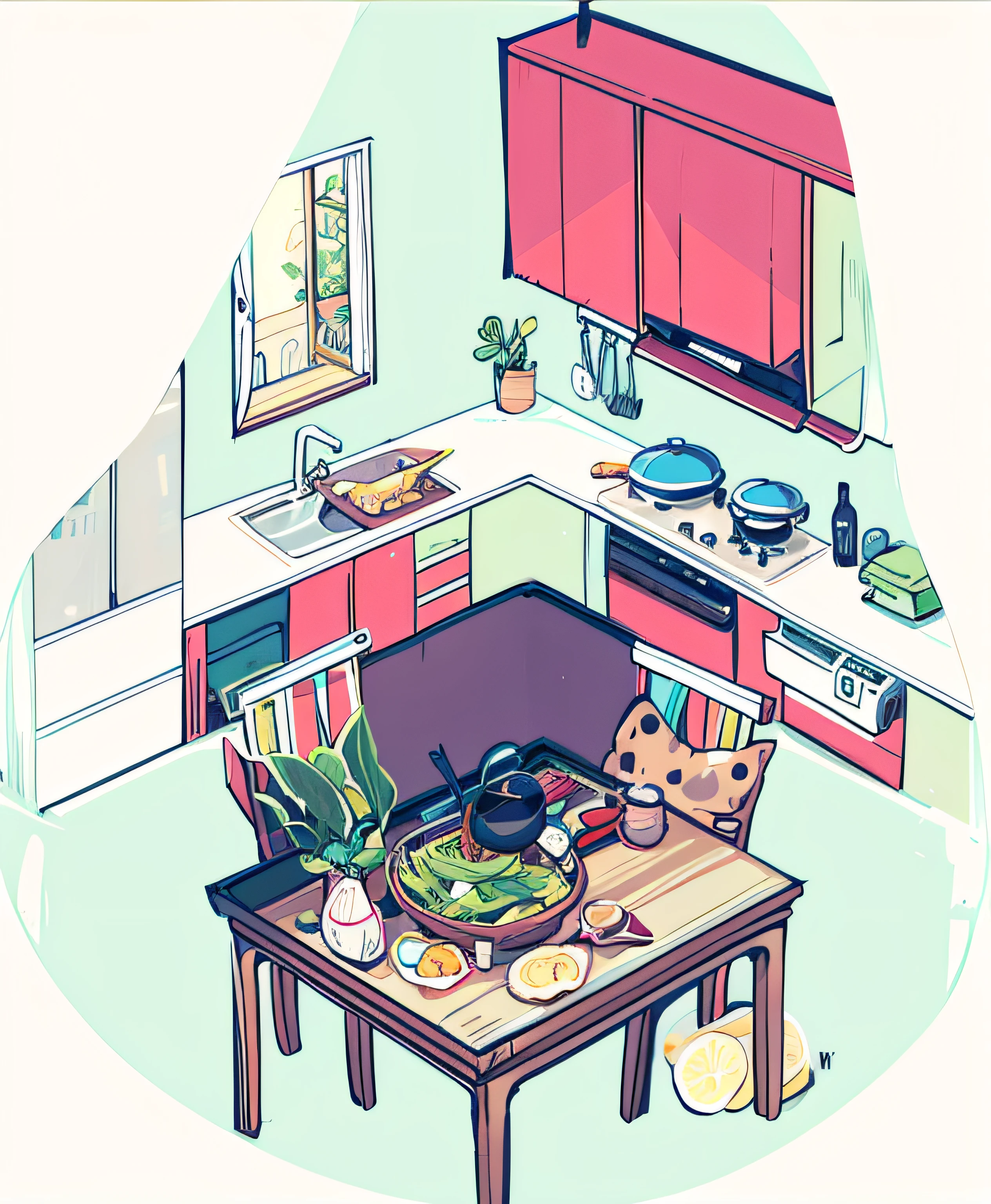 There is a cartoon with a kitchen with table and chairs, In a kitchen, isometric illustration fun, Detailed 2D illustration, isometric illustration, Amazing food illustration, 7 0 kitchen, In the kitchen, house kitchen on a sunny day, Kitchen, Isometric art, Kitchen background, Isometric style, full-colour illustration, interior background art, Commercial illustration,The seasons change