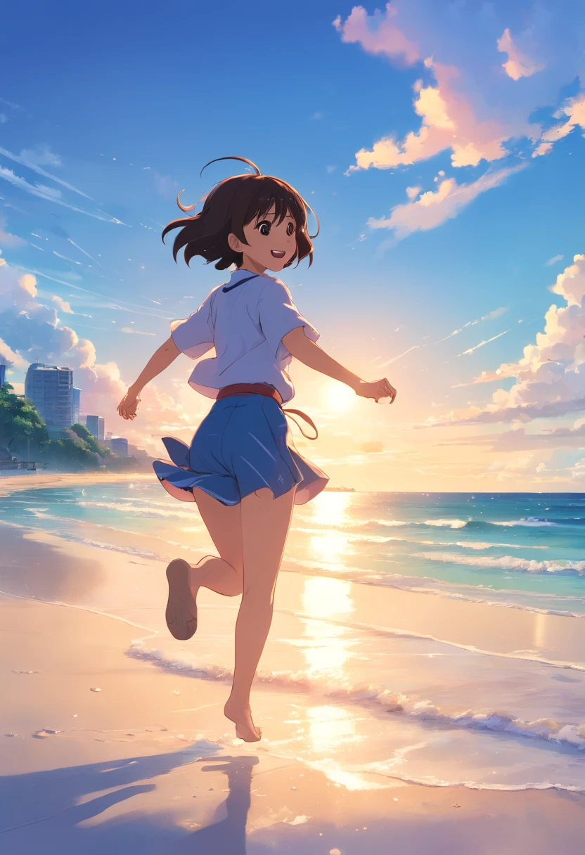 tmasterpiece,best qualtiy,cinematic Film still from,1little girl,big laughter,jumpping,beachside,Sunny beach