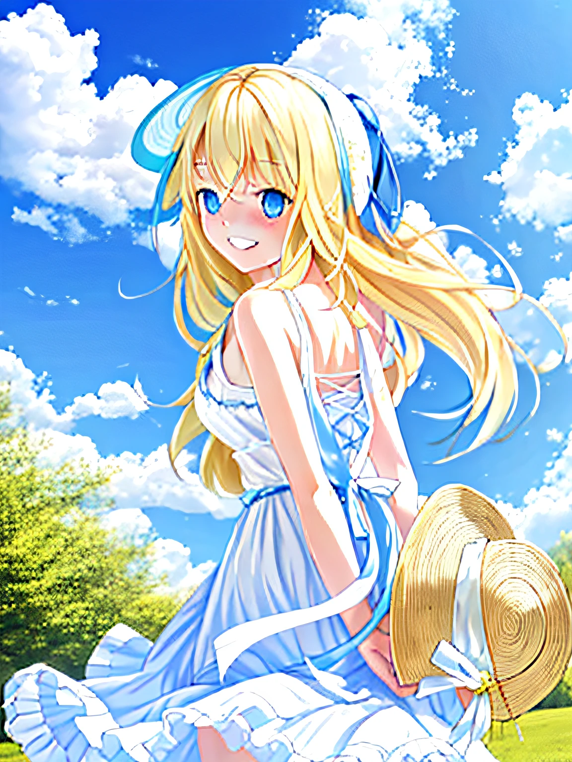 blond hairbl,long whitr hair,cute girly,blue color eyes,The girl turned around,Slip dress,Fluttering skirts,cheerful grin,and the sun was shining brightly,Blue sky and white clouds on background,Holding a straw hat