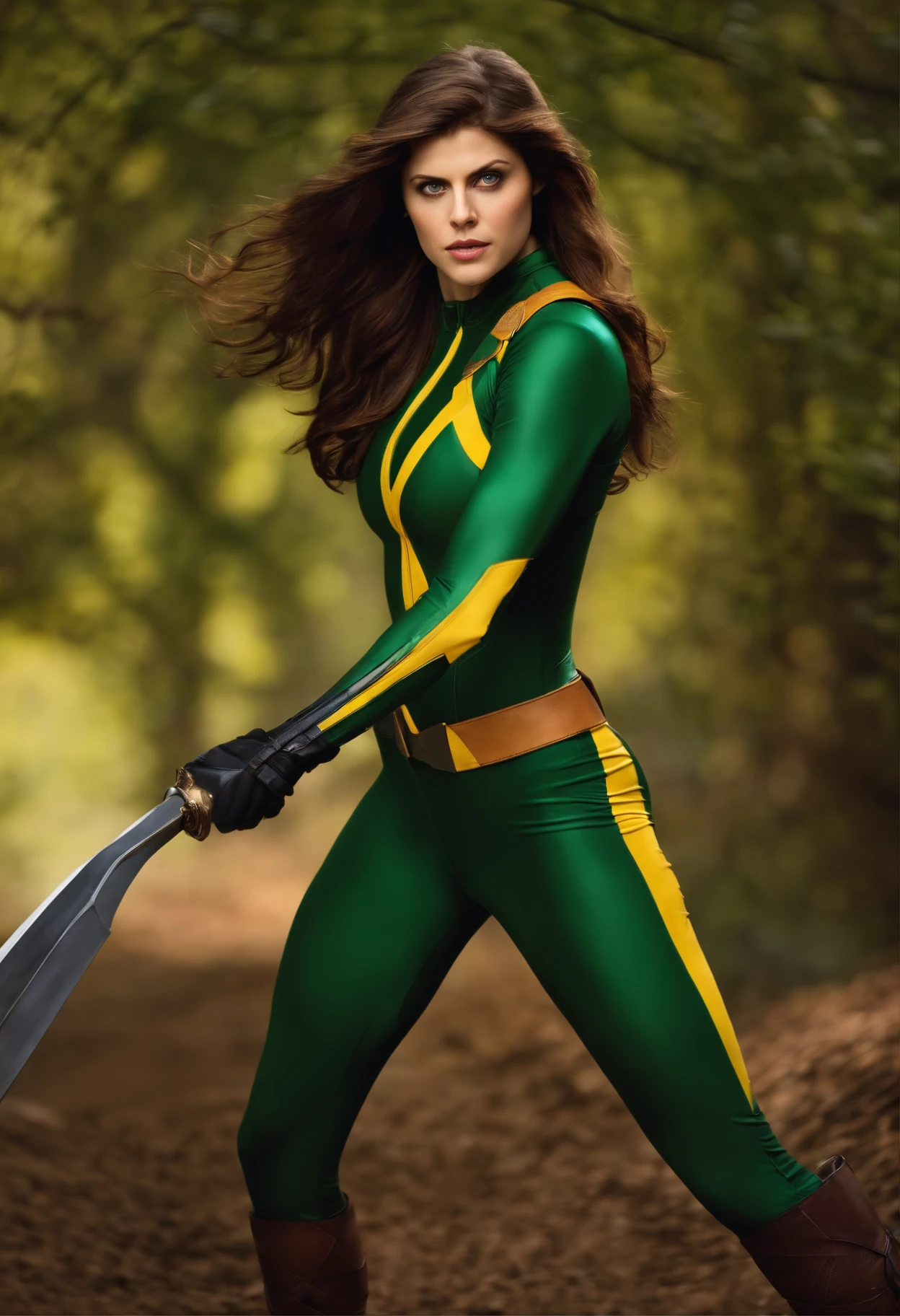 Alexandra Daddario with brown hair, dressed as Rogue from X-men, green and yellow costume