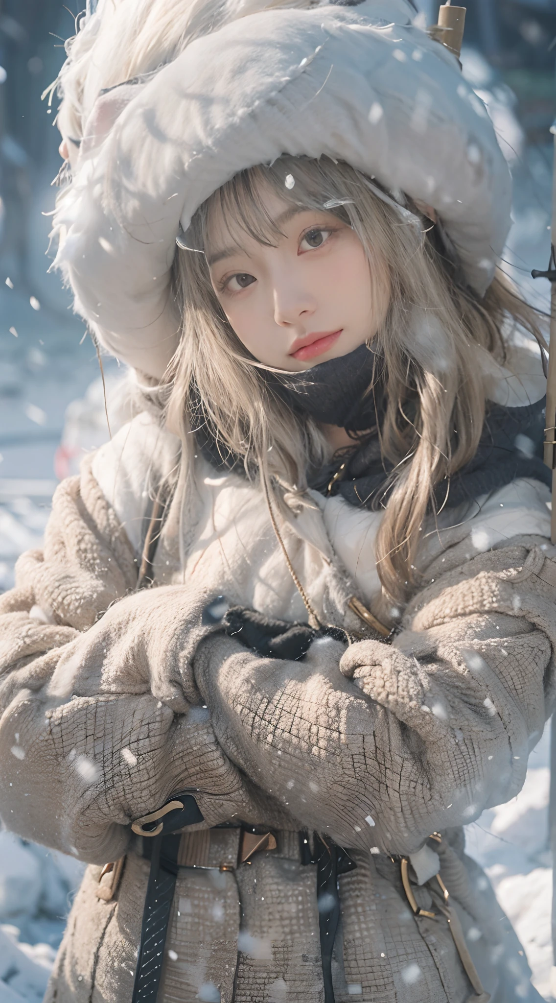 （8K， RAW photos， best qualtiy， tmasterpiece：1.2），（realisticlying， photograph realistic：1.4)，largeeyes，
Lolita costume，Lace， Squat，(Cloak，do lado de fora，Cover with snow，snowfield)， high high quality， highdetailskin， looking at viewert，Rule of thirds