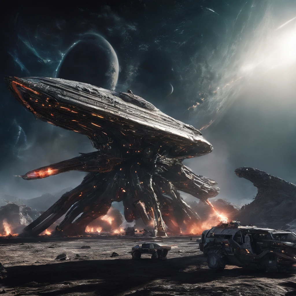 Movie space battle scene, Huge spaceships were attacked,blasts,Destruction and volumetric lighting,Very detailed.)