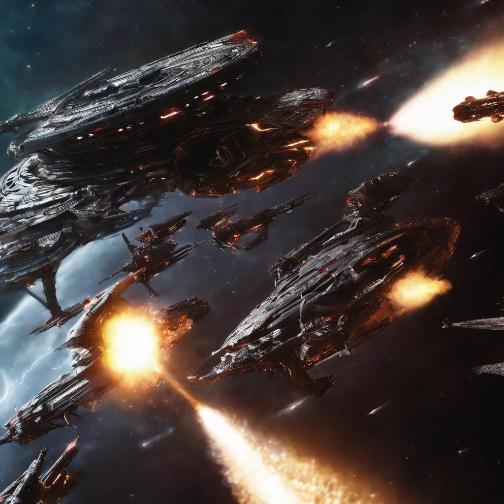 Movie space battle scene, Huge spaceships were attacked,blasts,Destruction and volumetric lighting,Very detailed.)