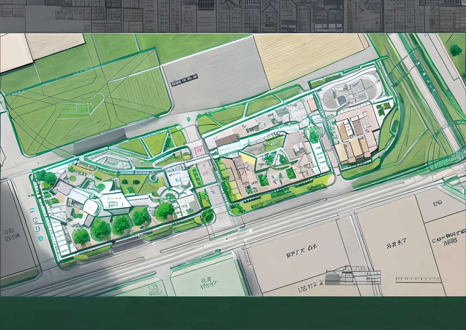 Close-up of the park floor plan with lots of trees, A park, Detailed picture, 2 D AutoCAD, 2 d cg, layout design, conceito, detailed designs, AutoCAD, architectural planning, Higher detailed illustration, parks and public space, sangyeob park, Bird's eye view, Urban parks, detailed digital illustration, colorful architectural drawing