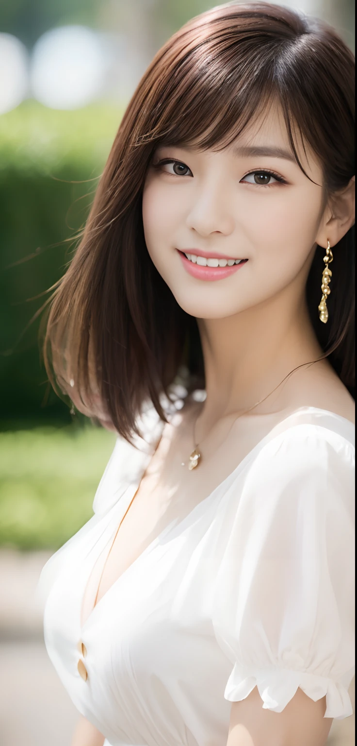 (Lovers 1 Girl), (Colossal tits:1.3), Blouses and tight skirts、a park、 (master piece: 1.3), (max resolution: 1.4), (UltraHD: 1.2), cinematric light, UltraHD, (Detailed eyes and skin), (detailed facial features), nffsw, 8K分辨率, Perfect Style, beautiful countenance、Highly detailed facial and skin texture、A detailed eye、二重まぶた、Glitter Eyeliner:1.2、thin cheeks、fair white skin:1.6、shiny little necklace and earrings,、Red Rouge:1.2、shiny lip:1.2、((FULL BODYSHOT:1.2))、(Neat and snow-white blouse)、Women's Fashion Autumn、high-heels、(Layered Hair Style、dark brown hair)、medium-Long hair、(A very seductive smile:1.2)