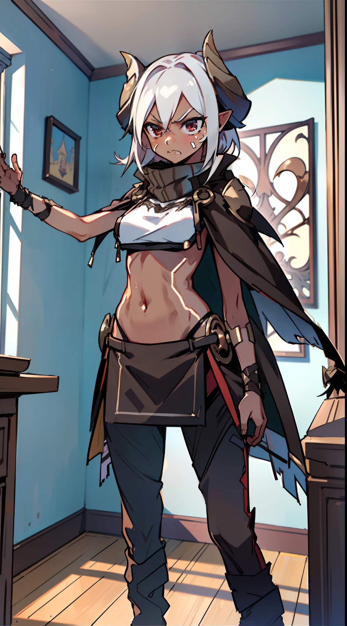 1girl 20 years,solo,((angry)),(((brown skin))),black and golden short armor,medium tits,white hair,short hair,red eyes,elves ears,black horns,black pantyhose,waist cape,yellow two-tailed scarf,Detailed,(((standing in front of a room inside a castle))),hd,masterpiece,8k