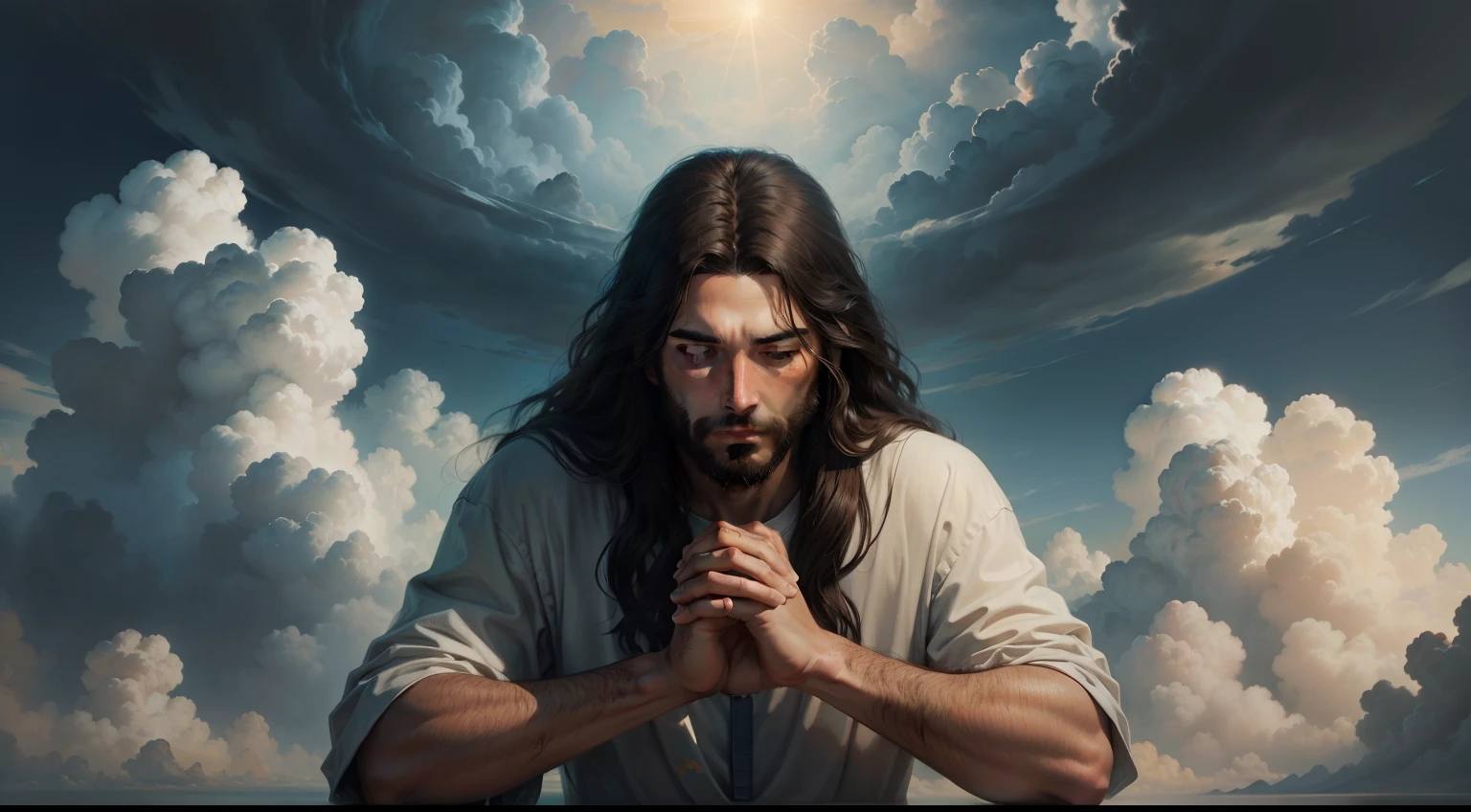 [a realistic painting of Jesus with his hands in a praying position amid the clouds of heaven]