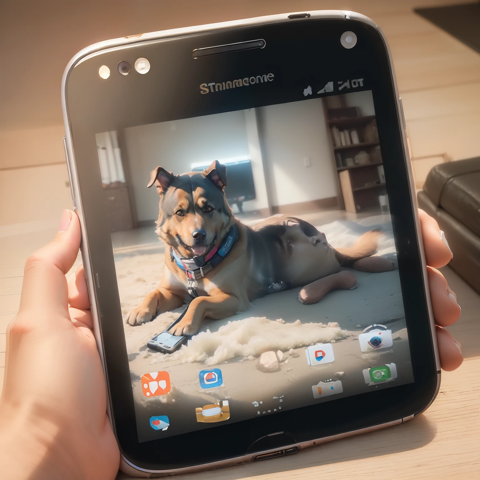 (Smartphone Imagine:1.5), (The standby screen of the smartphone is a dog:1.5)