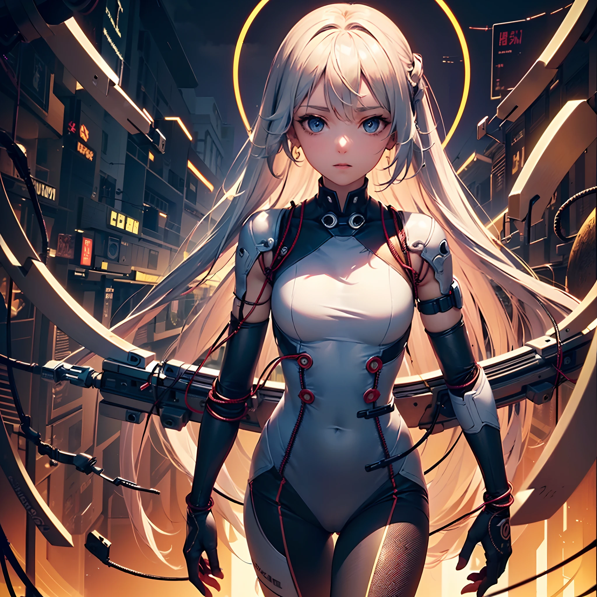 (((masterpiece))), (((best quality))), ((ultra-detailed)), (highly detailed CG illustration), ((an extremely delicate and beautiful)),cinematic light,((1mechanical girl)),solo,(cowboy shot:1.2),(machine made joints:1.2),((machanical limbs)),(blood vessels connected to tubes),(mechanical vertebra attaching to back),((mechanical cervial attaching to neck)),expressionless,(wires and cables attaching to neck:1.2),(wires and cables on head:1.2),(character focus),science fiction,extreme detailed,colorful,highest detailed, loongs,fengs,background,