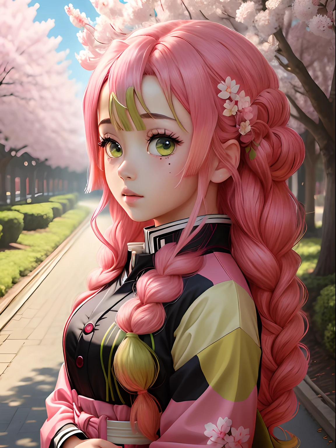 (masterpiece), (best quality), (extremely detailed), (8k wallpaper), a breathtaking sakura tree field with cherry blossom as far as the eye can see, anime style, girl in the center looking at the viewer, pink and green hair, Kanroji Mitsuri, Kimetsu no Yaiba, Demon Slayer, hashira girl