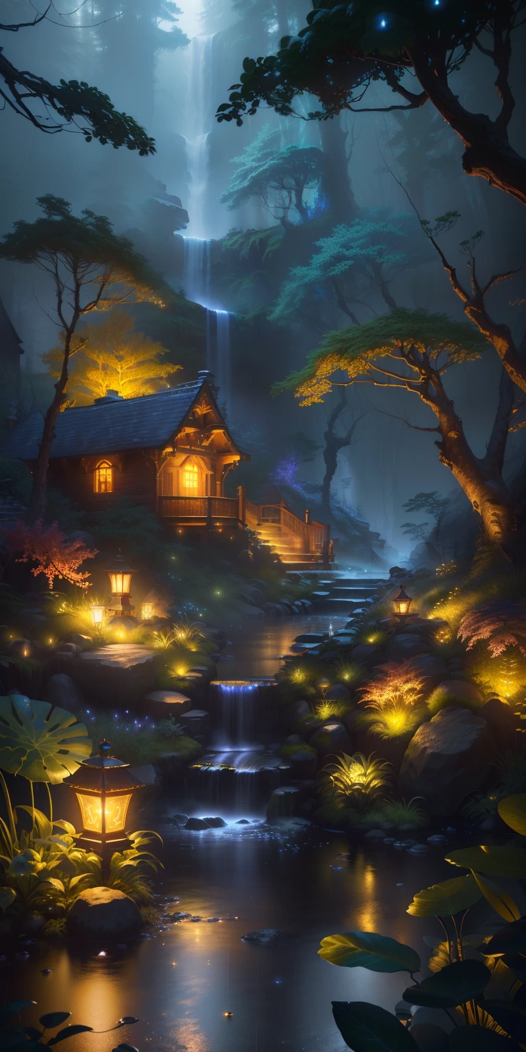 Rain, waterfall, whimsical night, fantasy style, harmony embience, chill, fantasy details, Octane render, 8k, finely detailed, Realistic dramatic lighting, dynamic forest scene with a wooden house, path, fores, Majestic, Arcade, Geek, landscape, Cinema4D rendering, Grainy, gameart, khaki colors, Health Goth, lantern lighting, Super detailed, photorealistic materials, interior design, V-Ray render, ((Best quality)), ((masterpiece)), (highly detailed:1.3), 3D, In a distant future where the boundaries between science fiction, 8k stunning artwork, beautiful digital painting, very beautiful digital art, beautiful digital art, magical forest with fireflies