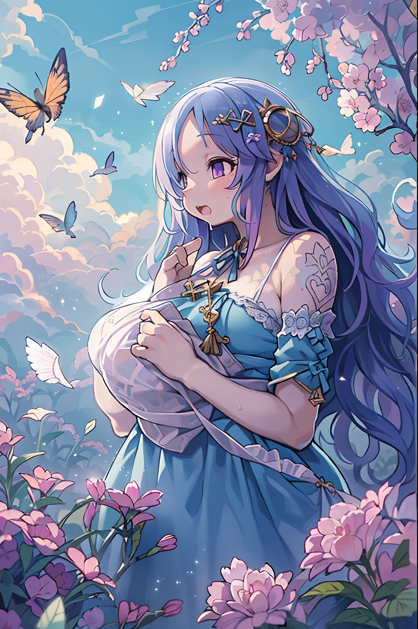 (Extremely detailed, Best Quality), floating, A very delicate and beautiful dreamlike scene,, , [(1girl in),(long purple hair), Detailed face, Neck ribbon, elegant blue dress, Stand on the clouds, (Wide Shot), (Mysterious atmosphere):1.5],, , [(Butterfly wings),(Fluffy cat),(Bouquet of flowers),(fairytale), (Sunshine),(Soft light),(Pastel colors),(Glitter):0.8]