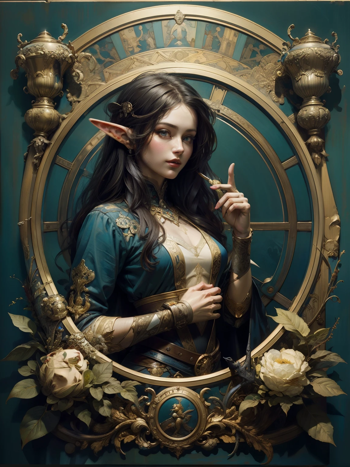 (Masterpiece, Best Quality, Highres:1.4 image of Elf woman), cowboy shot, Detailed, Intricate Details, 4K, line art, Art Nouveau style, influence by John William Waterhouse and Alphons Mucha