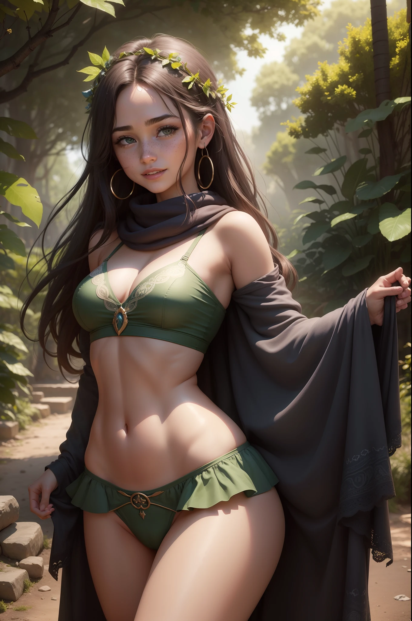 Splash art of a charming druid spirit of the earth, Dark brown and green two-tone hair, ojos amarillos, vestido hecho de hojas en el (estilo-swirlmagic:1.1),( Magic swirling leaves:1.1) A su alrededor, Borrosa_fondo, senos, They are smiling, escote, corona de flores, Nenural lighting, Cabello soplado por el viento, Looking_en_espectador, solamente, highly detailed character concept 8k retreno studio lighting by Annie Leibovitz and Steve McCurry octane render trend in artstenion made in Maya 4K digital painting high quality dramatic lighting, hiper sexualizado, ta, pezones erectos, cameltoe completo, pecas llenas, Enormes ojos azules, labios gruesos y llenos, sonrisa hiper pervertida, Complete underwear reveal, hiper detallado, animated lighting, (cuerpo completo), Medias, Retrato de cuerpo entero, pubic hair, full freckles, horny open mouth