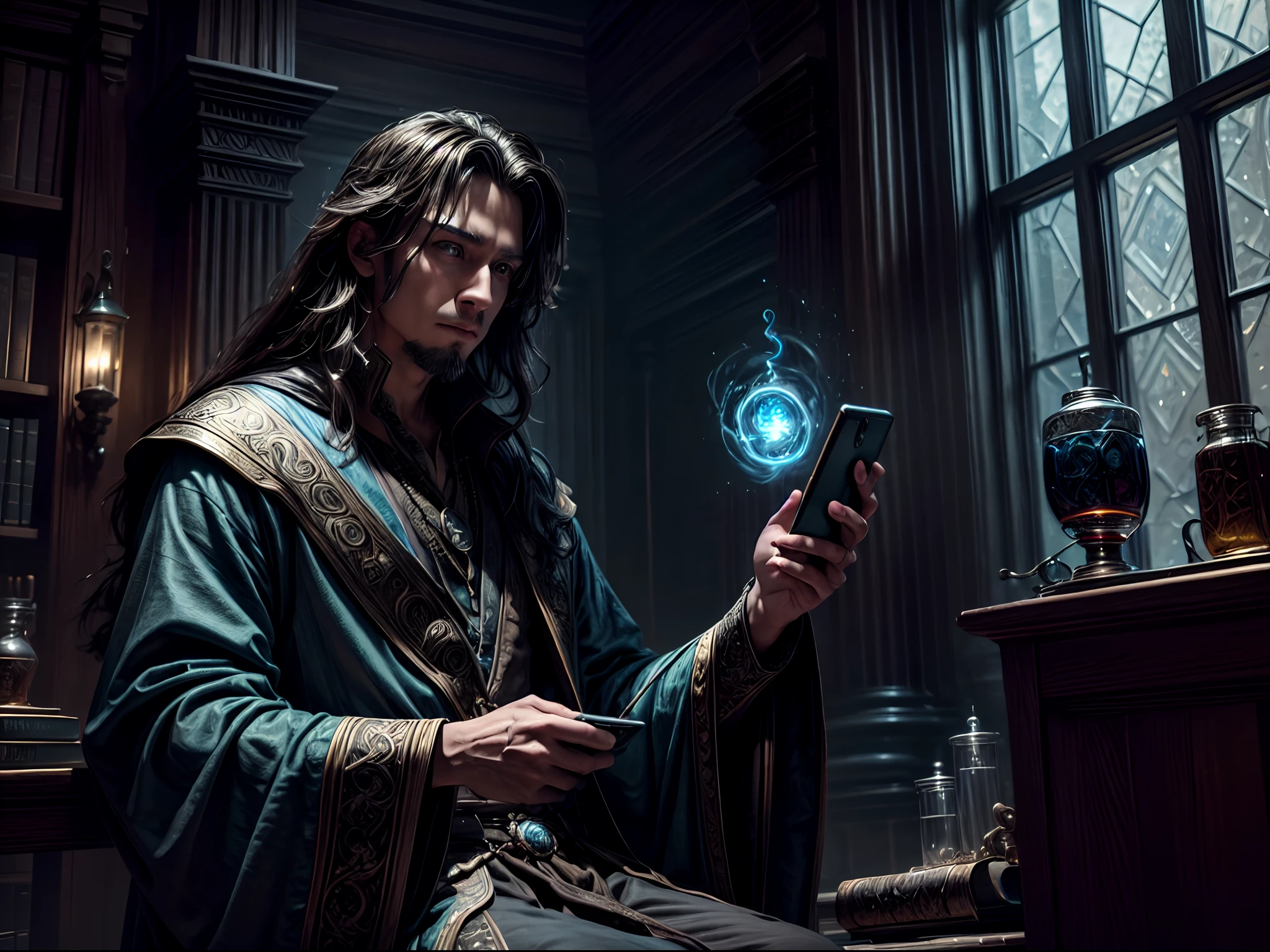 a wide angle picture of a wizard looking into his  (smartphone:1.5) blue magical energy from the cell phone V0id3nergy (intense details, Masterpiece, best quality: 1.5), young human male (intense details, Masterpiece, best quality: 1.5), [[anatomically correct]], dynamic hair, dynamic eyes, wearing magical robe (intense details, Masterpiece, best quality: 1.5), dynamic colors, ultra detailed face (intense details, Masterpiece, best quality: 1.5), in his laboratory (intense details, Masterpiece, best quality: 1.5), many magical tomes, magical library (intense details, Masterpiece, best quality: 1.5), many magical vials, ultra wide angle from a medium distance, high details, best quality, 16k, [ultra detailed], masterpiece, best quality, (extremely detailed), dynamic angle, ultra wide shot, photorealistic, RAW, fantasy art,