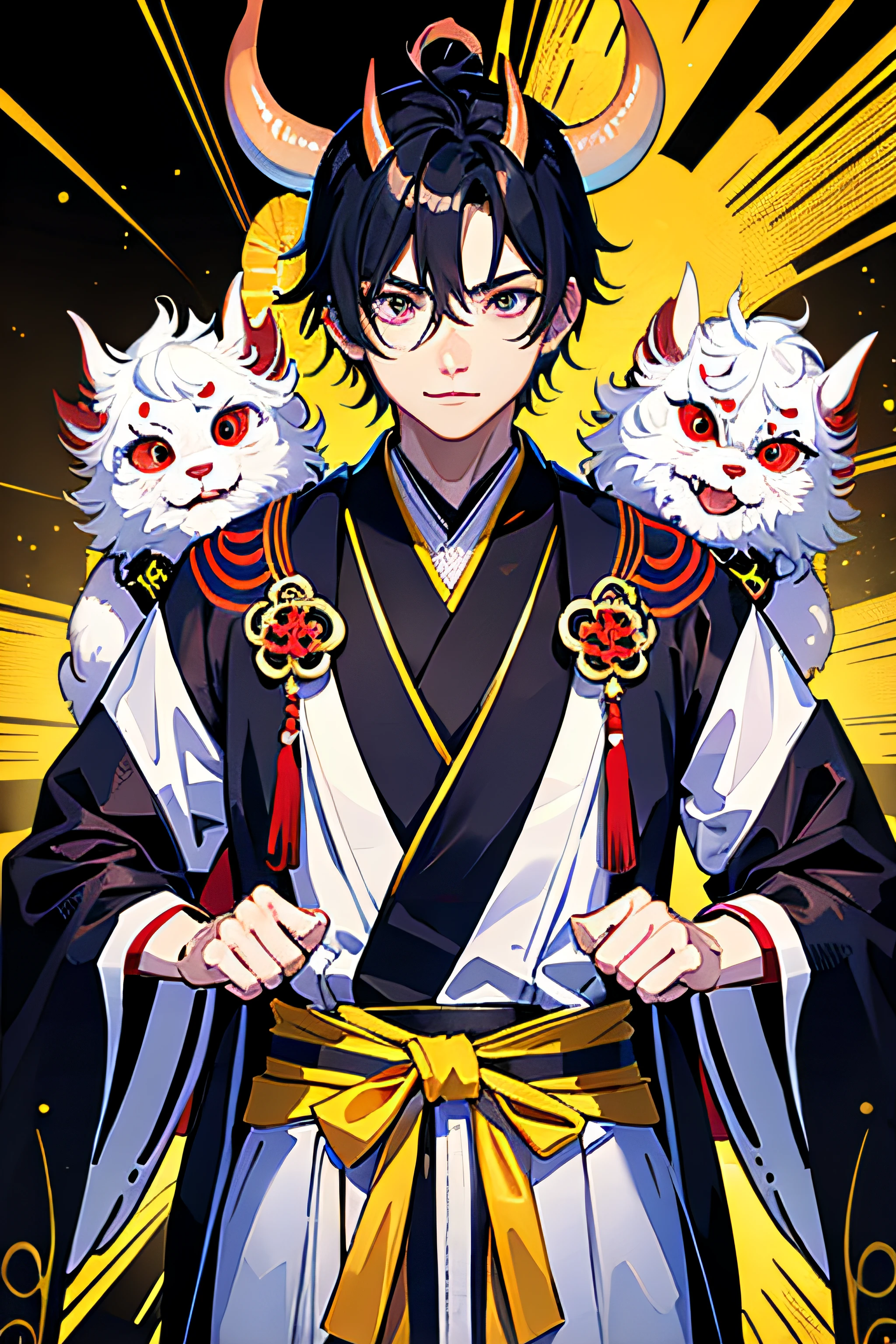 A very handsome oni passed by me and inadvertently saw me, bust photo, smiling and looking at me. High nose, yellow race, relatively white skin, black hair, medium hair. The background is a japanese siren on it. He wears Jacket. Highest quality.