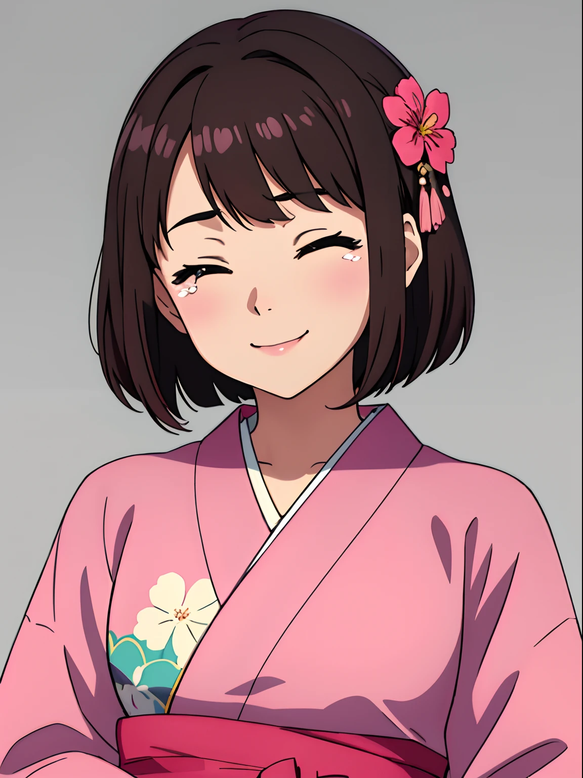 simple background、Gray background、1人の女性、(masterpiece、top-quality:1.2)、((facing front:1.2))、Eyes closed、Smile with your mouth wide open、Tears、Aligned bangs、Bob Hair、dark brown hair、Floral hair ornament、The eye:Pink Brown、Young woman at 、((The upper part of the body:1.2))、Promotional Art、offcial art、Pink kimono