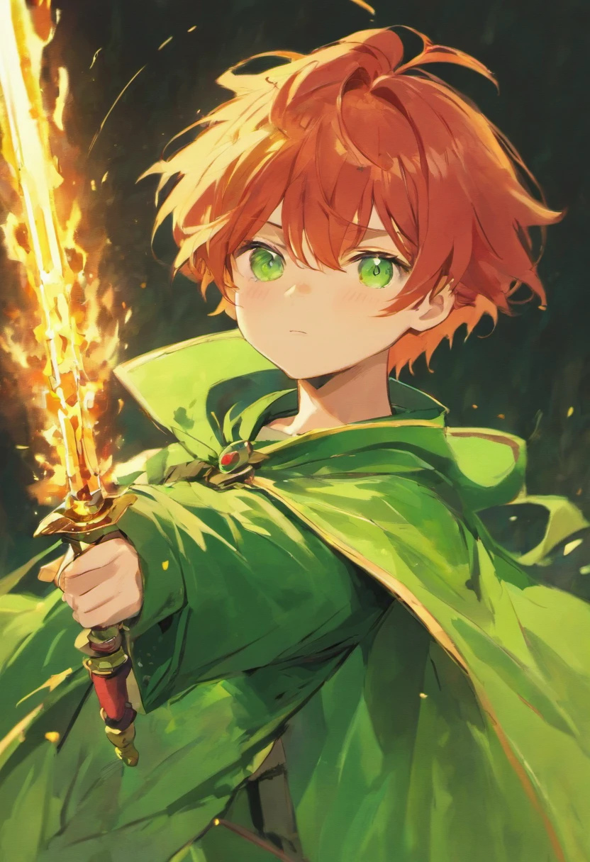 prompt: young boy with red hair, green eyes, holding a sword in his right hand, wearing a short green cape, (best quality, realistic:1.37), detailed facial features, vibrant colors, soft lighting, traditional painting style, nature background